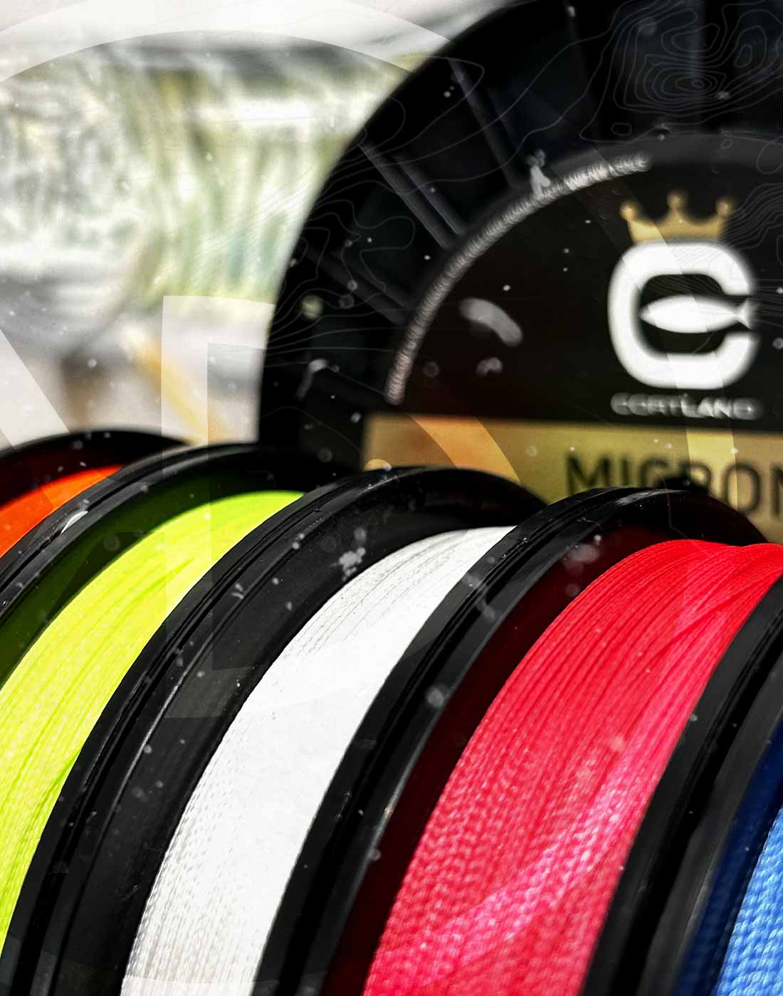 Side view of 5 different spools of Cortland Fly Fishing Backing
