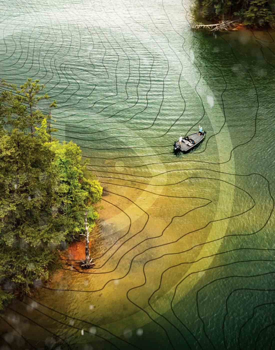 View from sky of fishing boat on a freshwater lake surrounded by virtual bathymetry lines