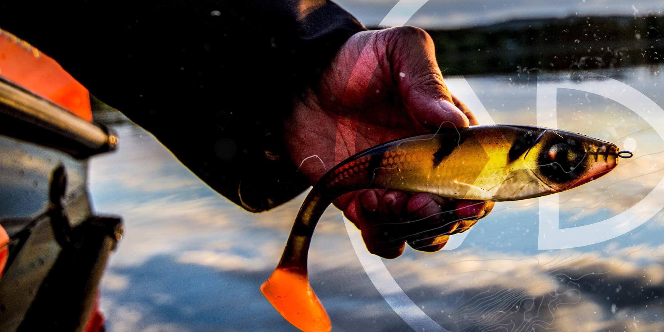 Picture of an angler hand holding a Gator Gum swimbait Lure above the water