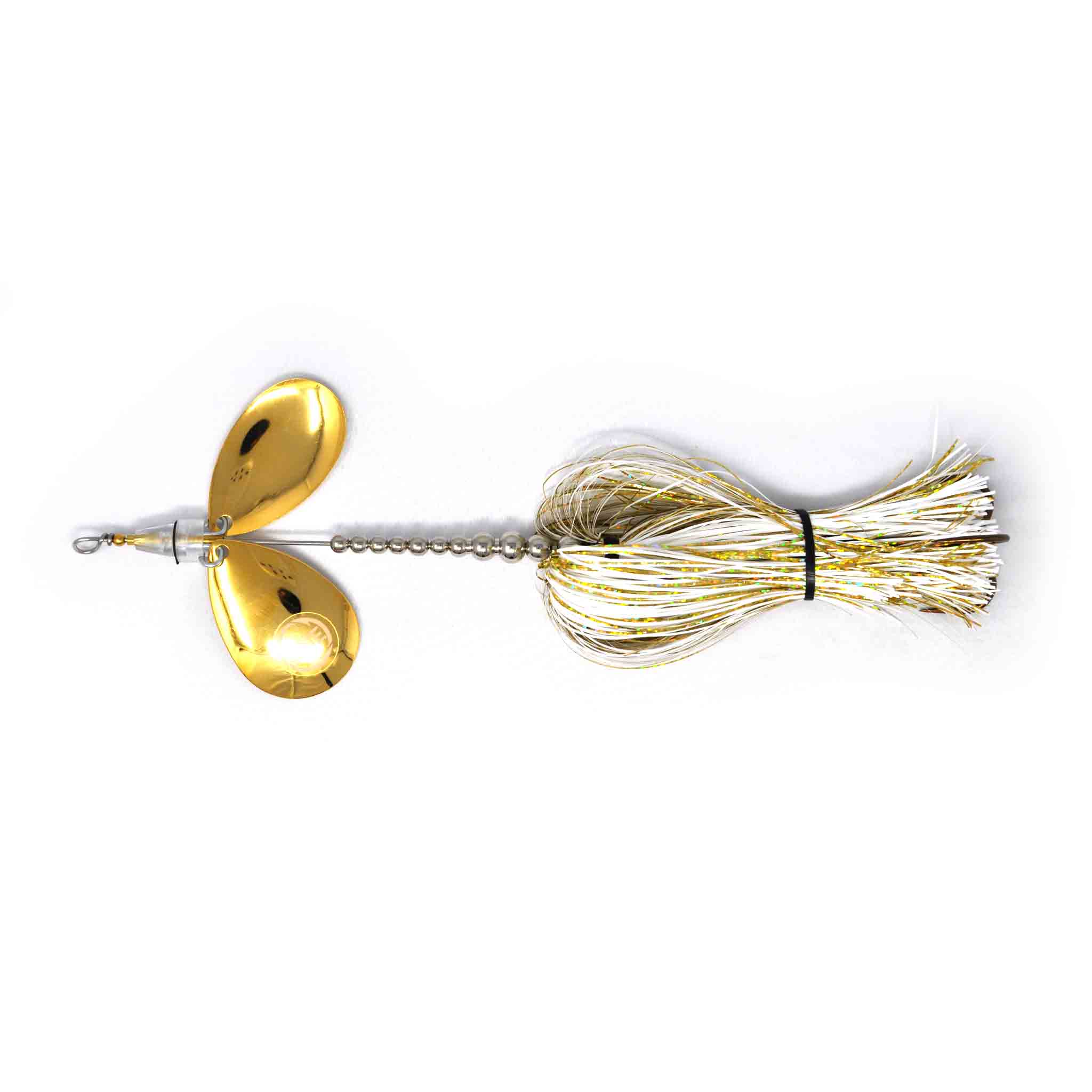 View of Bucktails Angling Revolution The One 8/8 ''White Lightning''White & Gold Skirt/Gold Blades available at EZOKO Fishing