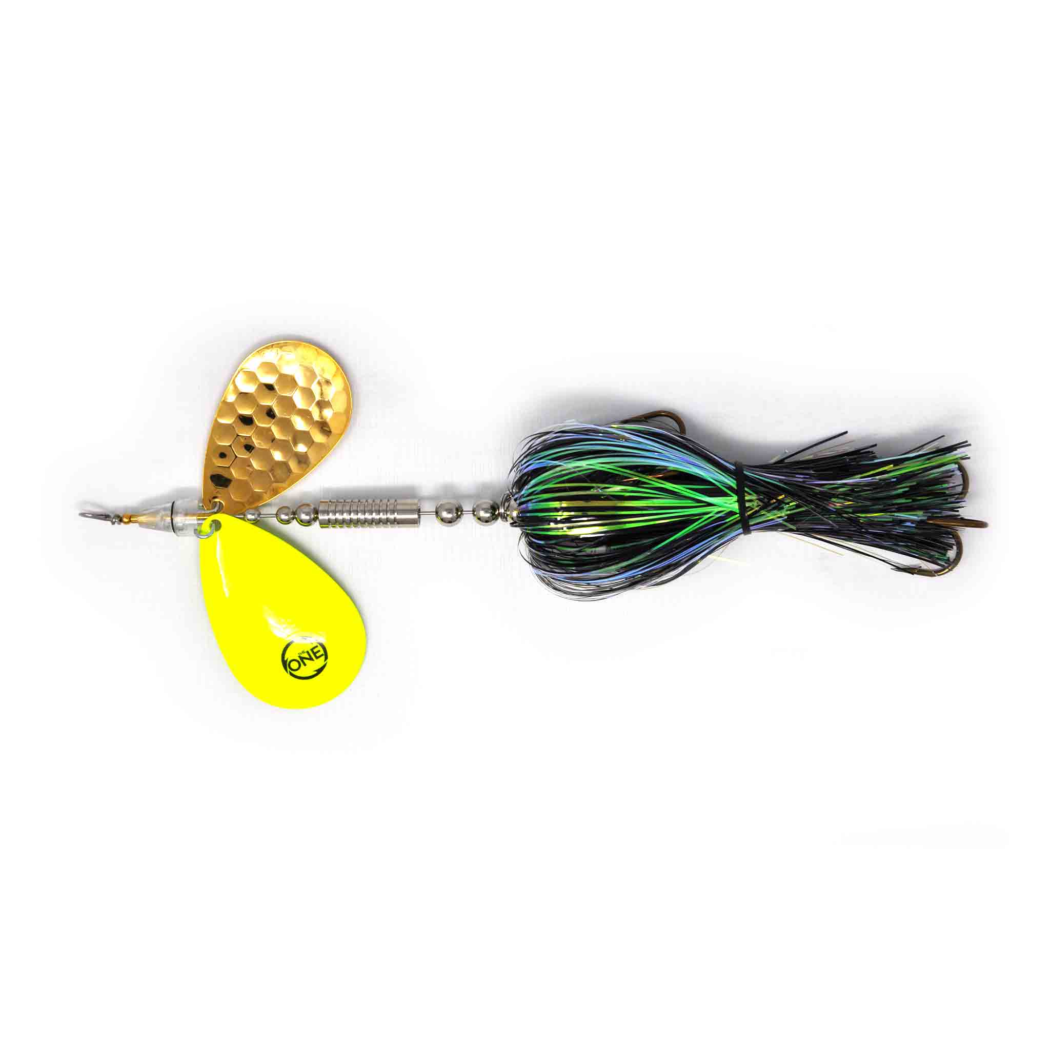 View of Bucktails Angling Revolution The One 9/10 Heavy Night Stalker/1 Gold Blade 1 Chartreuse Blade available at EZOKO Fishing