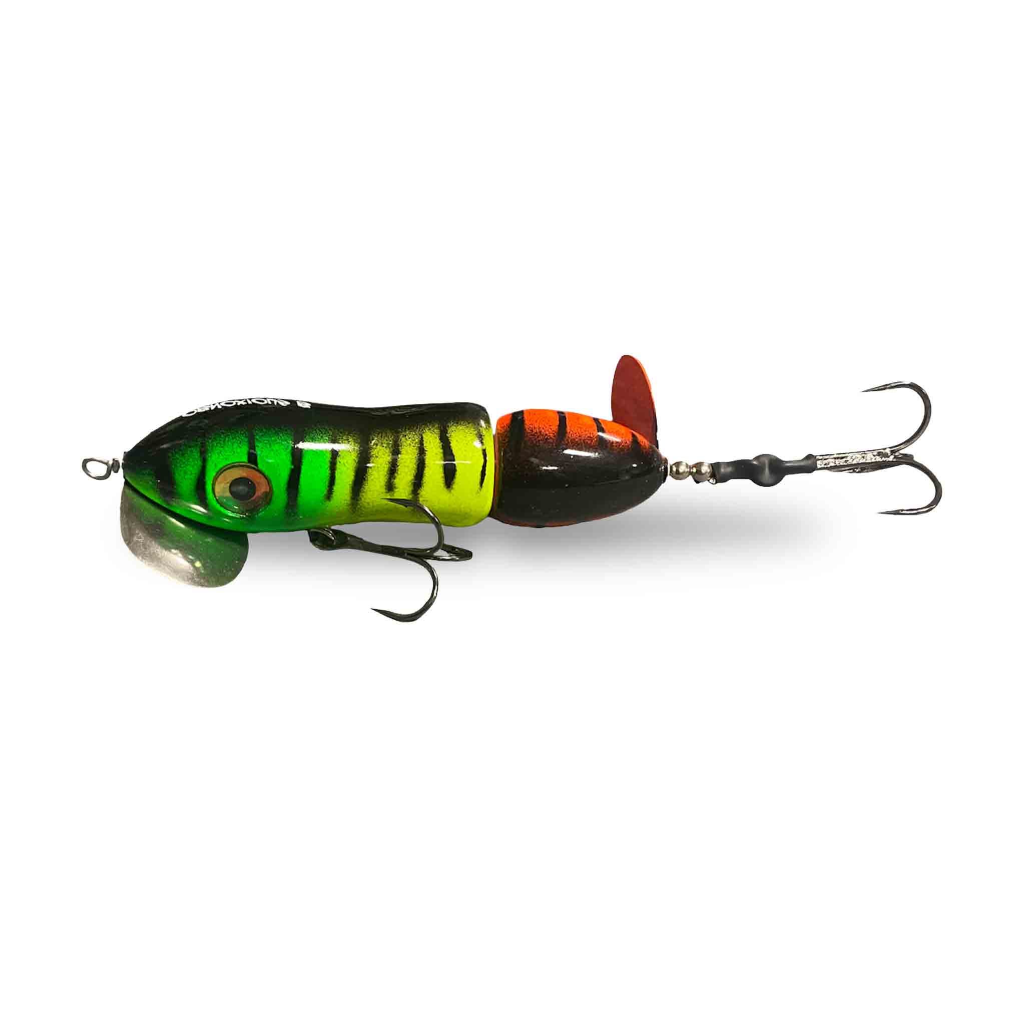 View of Topwater Big Mama Obnoxious "B" Propbait Fire Tiger available at EZOKO Fishing