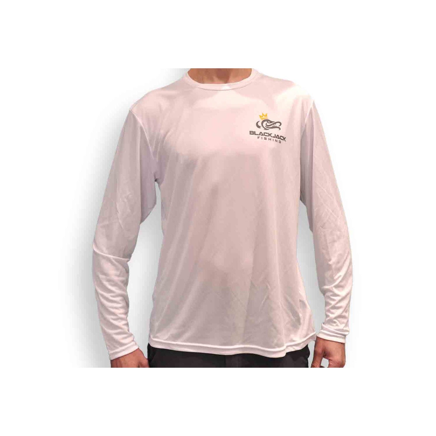 View of Long_Sleeves Black Jack Fishing Men's Long-Sleeve Cooling Sunshirt White M available at EZOKO Pike and Musky Shop