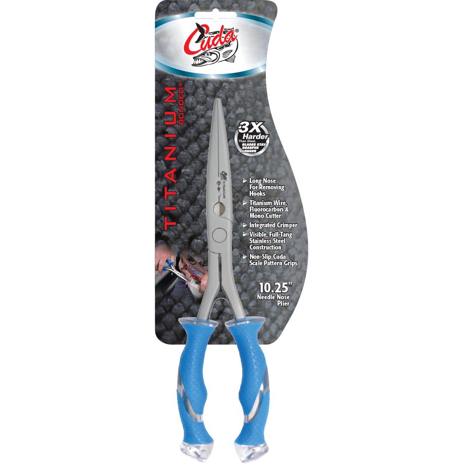 View of Tools Cuda 10.25" Titanium Bonded Stainless Steel Long Nose Pliers available at EZOKO Pike and Musky Shop