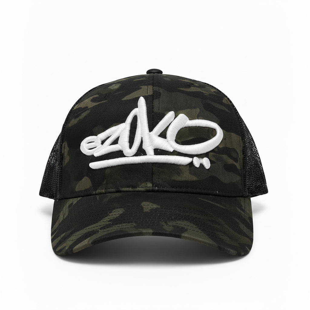 View of Ezoko Graff Retro Trucker cap Multicam Black 3D-Puff White available at EZOKO Fishing