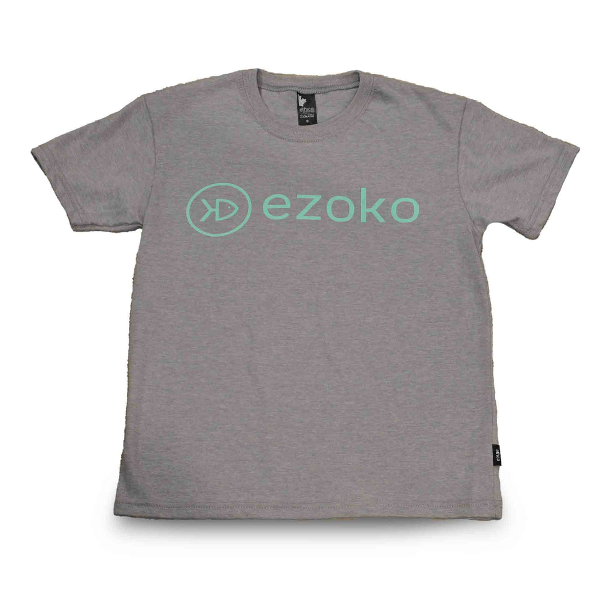 Front view of Cool grey Kids T-shirts with green EZOKO logo on the chest