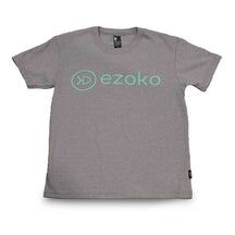Front view of Cool grey Kids T-shirts with green EZOKO logo on the chest