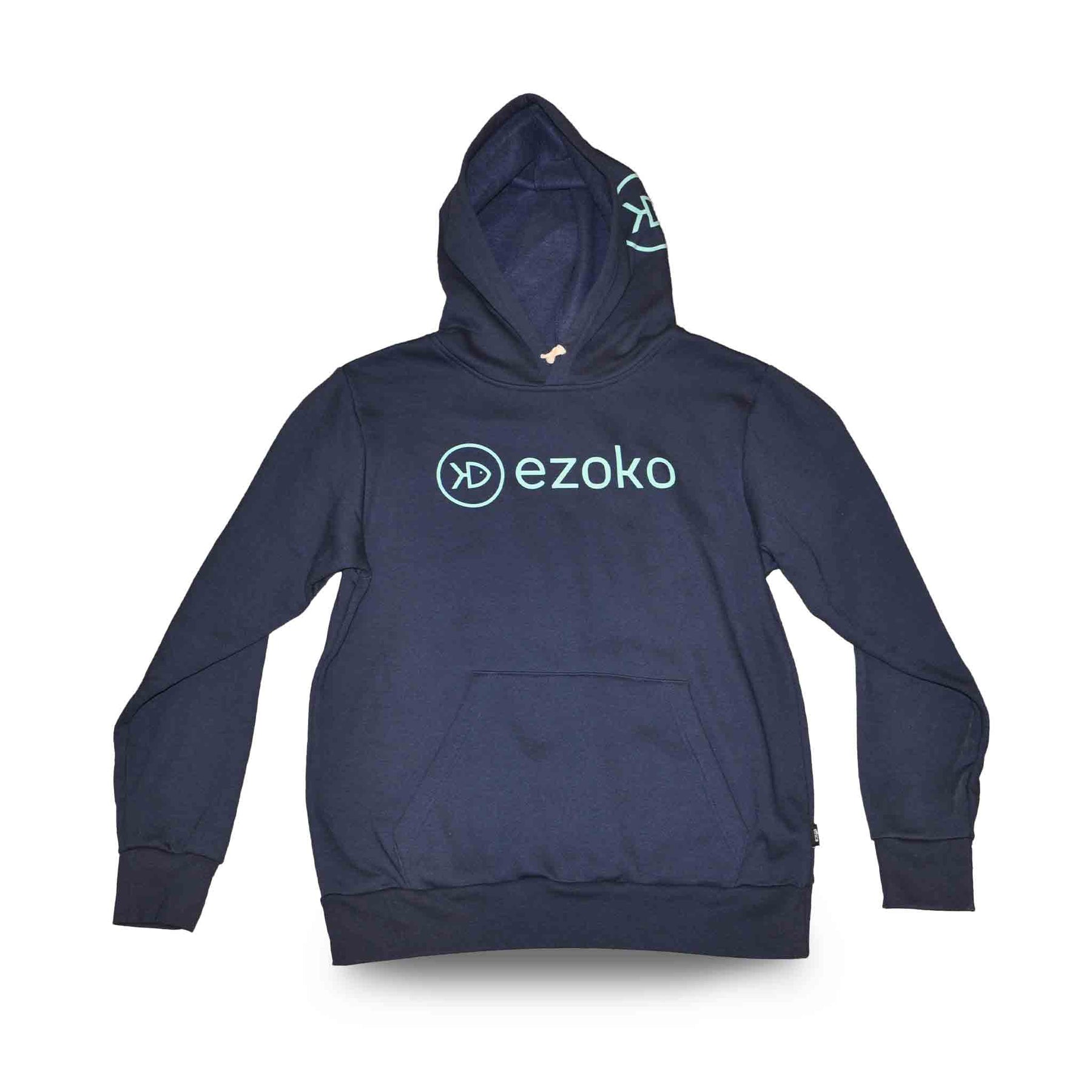 Front view of navy blue ezoko hoodie with green ezoko logo on the chest