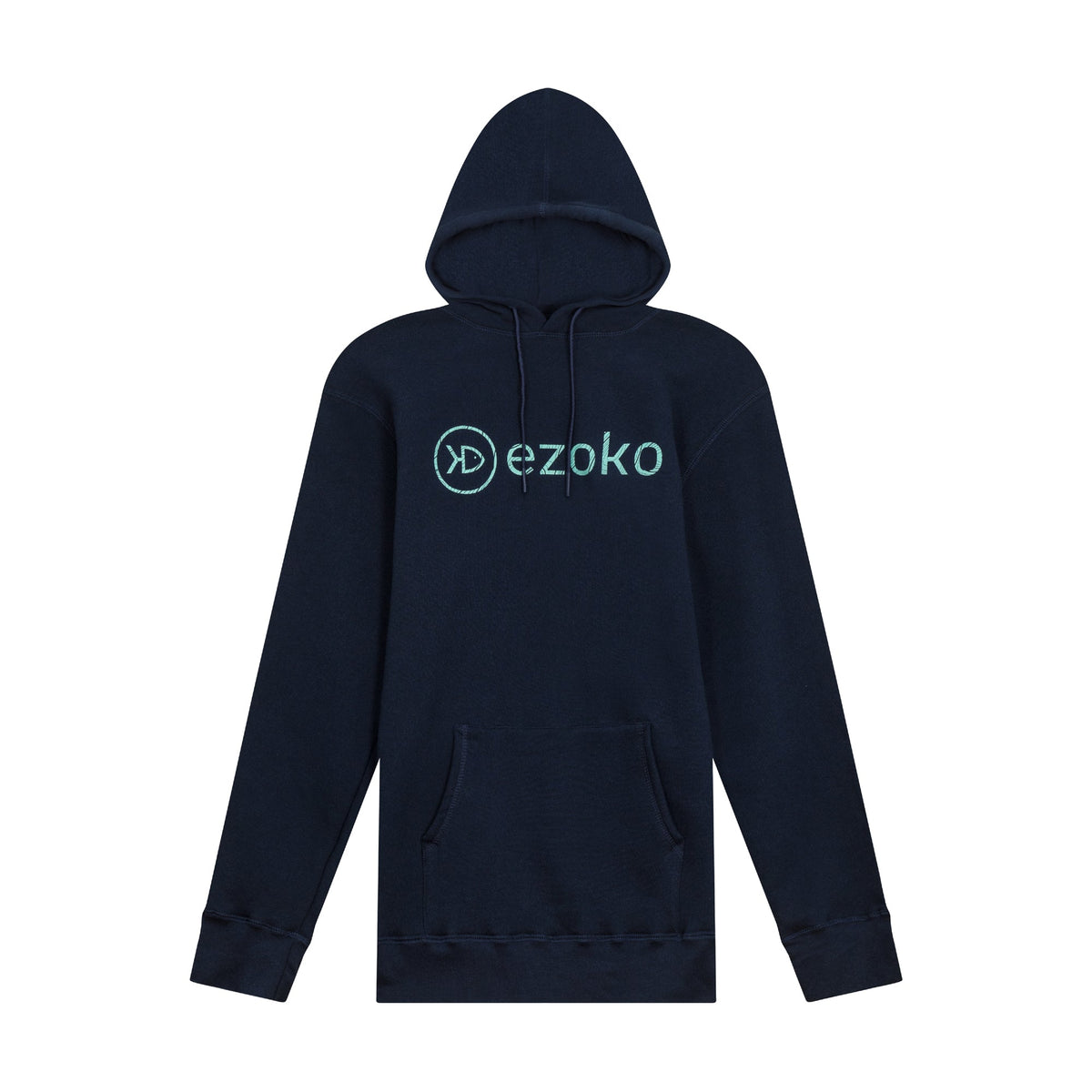 View of EZOKO Navy Hoodie Green Bathy Logo available at EZOKO Pike and Musky Shop