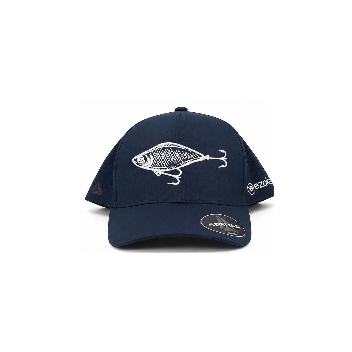 View of Ezoko Swimbait Flexfit Delta Cap Navy Normal White available at EZOKO Fishing