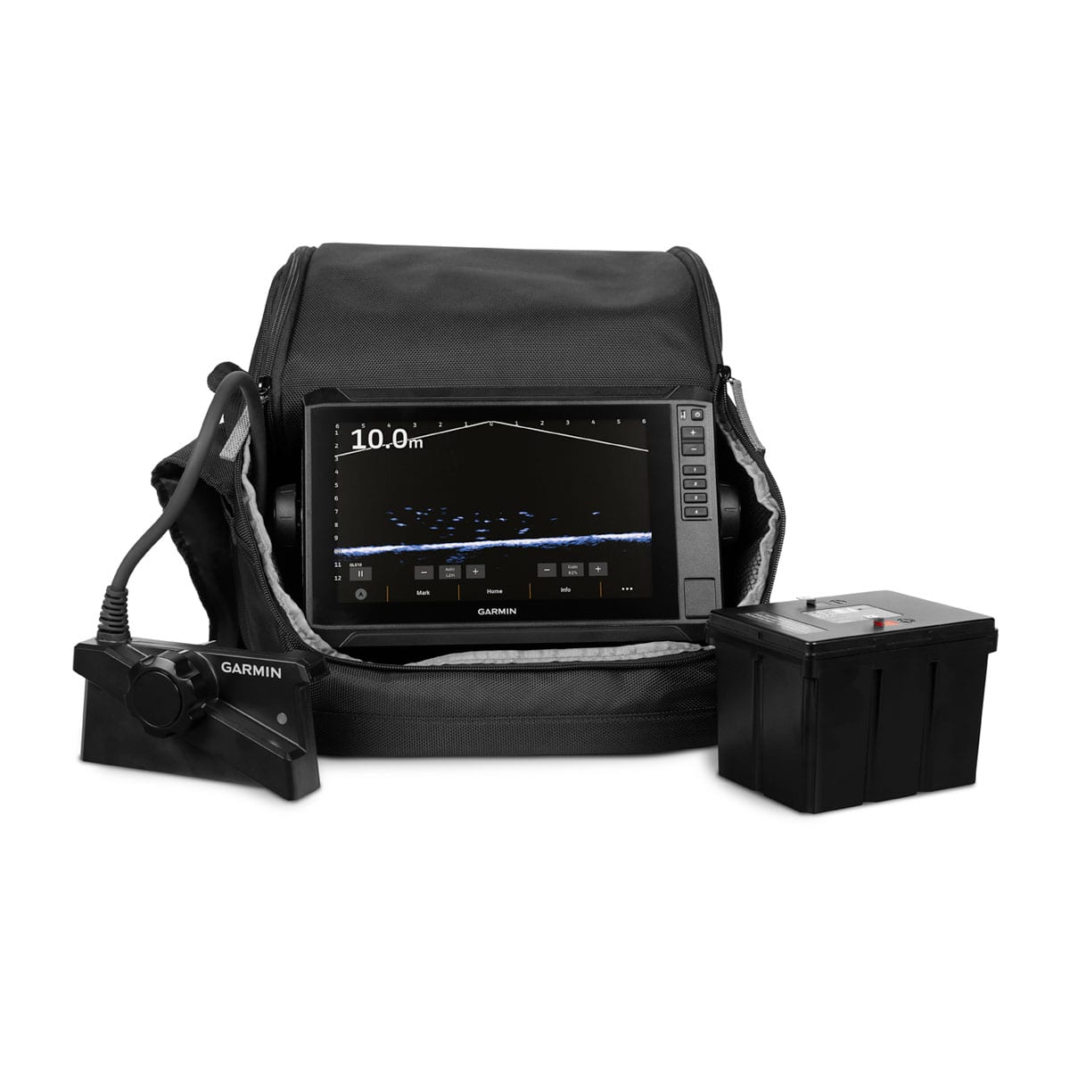 View of Garmin LiveScope Plus Lithium-ion 9-inch ECHOMAP UHD2 Ice Fishing Bundle available at EZOKO Fishing