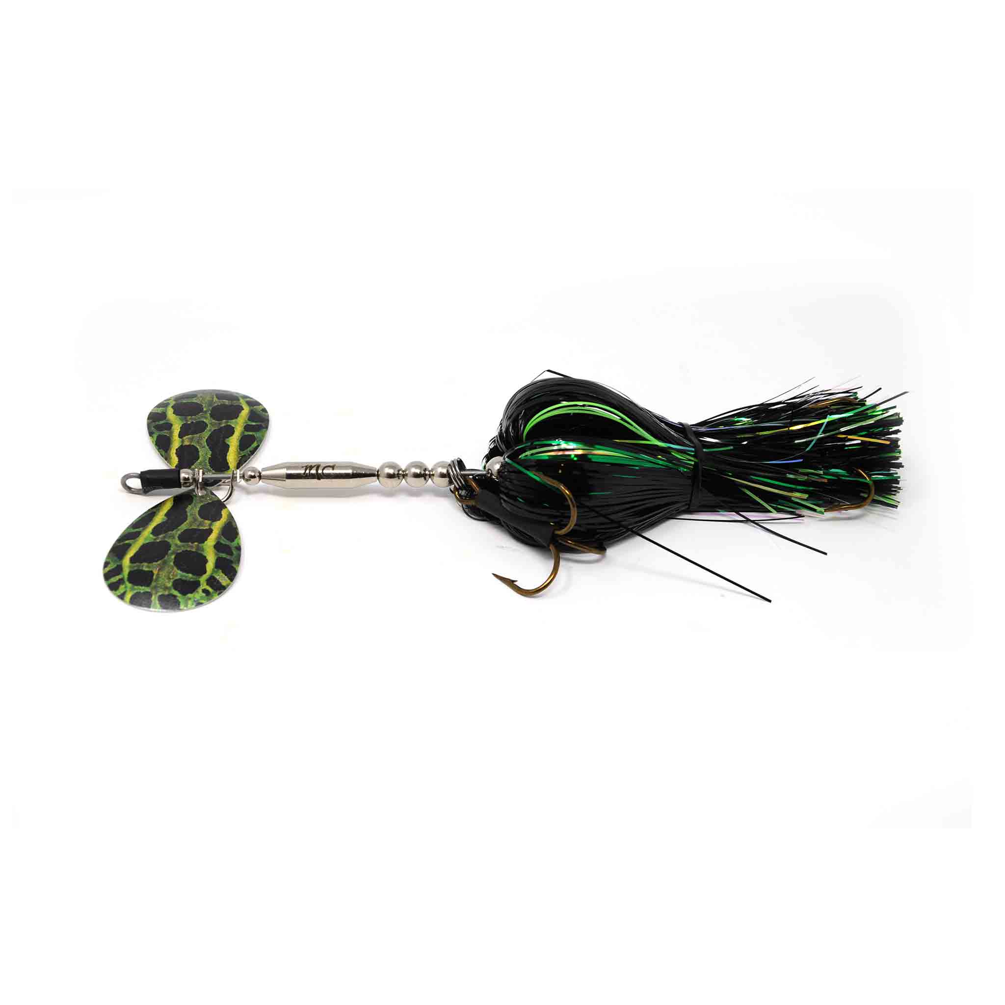 View of Bucktails Mad Chasse Mini Double Colorado 8/8 Bucktail Black Frog available at EZOKO Fishing