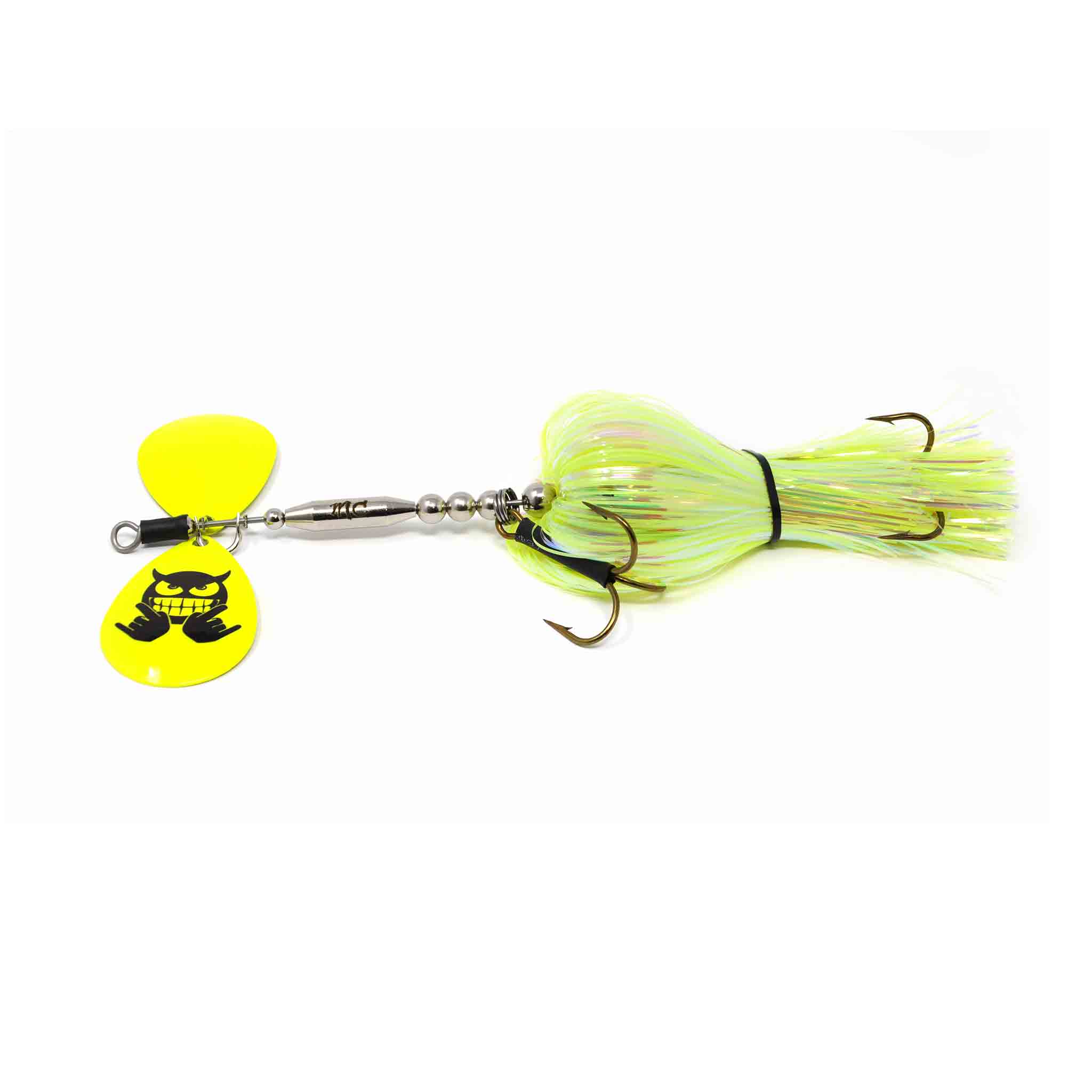 View of Bucktails Mad Chasse Mini Double Colorado 8/8 Bucktail Chartreuse Blast available at EZOKO Fishing