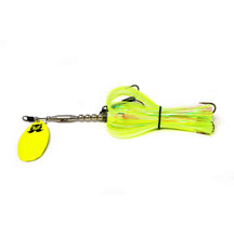 View of Bucktails Mad Chasse Mini Single Fluted 9 Bucktail Chartreuse Blast available at EZOKO Pike and Musky Shop