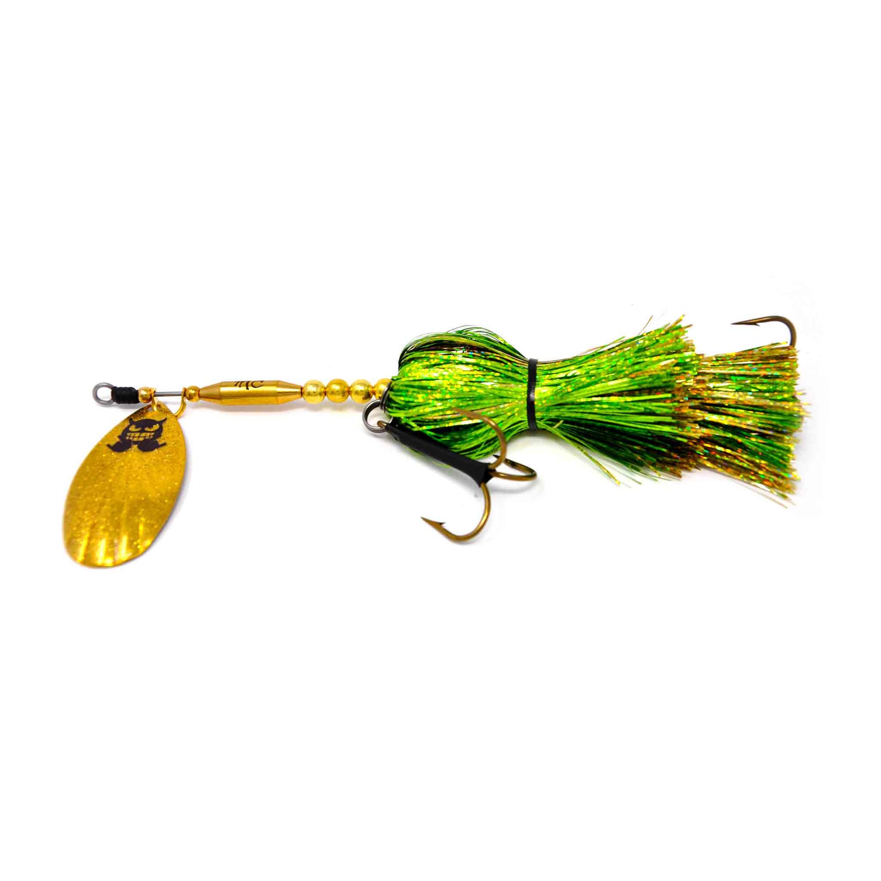 View of Bucktails Mad Chasse Mini Single Fluted 9 Bucktail Green Eye available at EZOKO Pike and Musky Shop