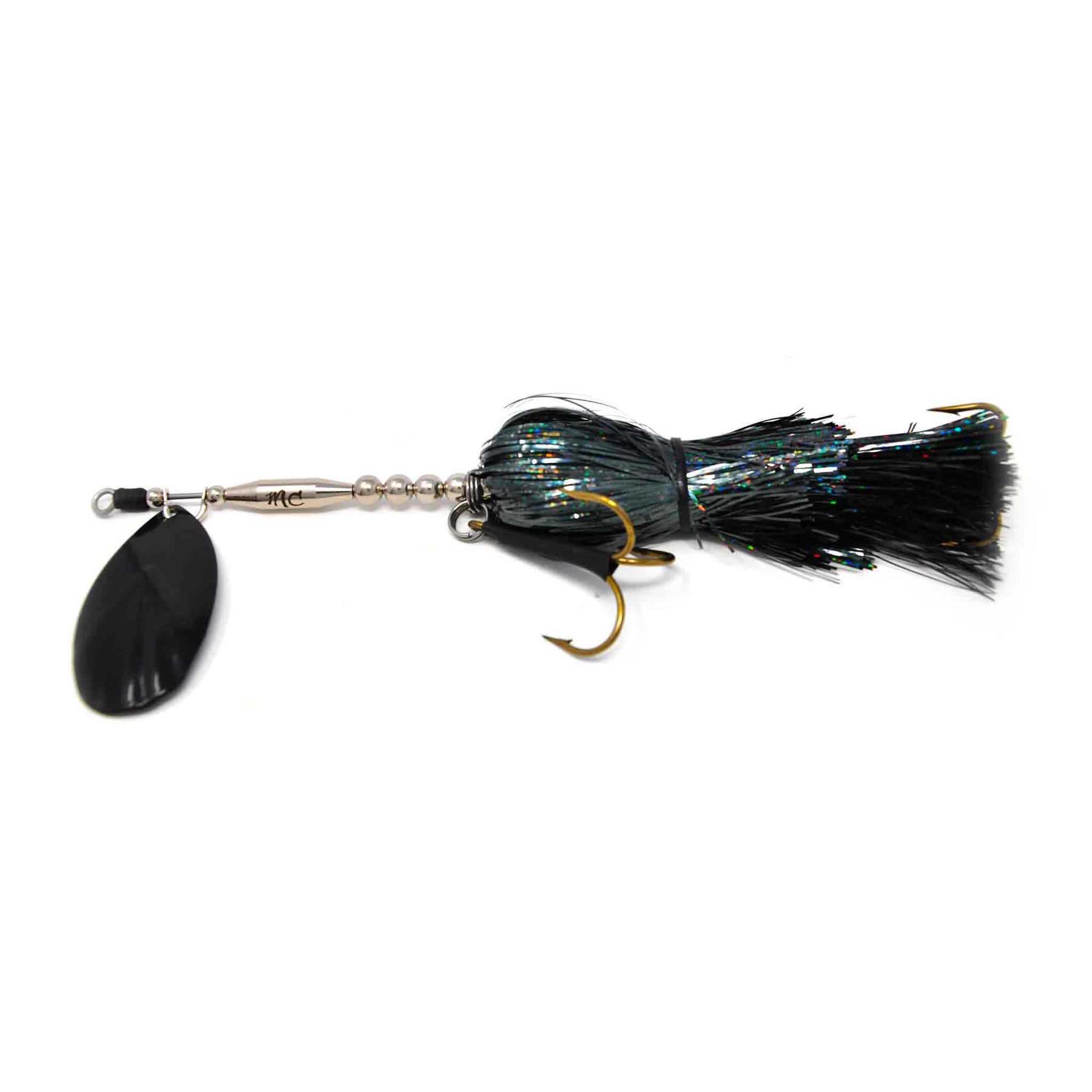 View of Bucktails Mad Chasse Mini Single Fluted 9 Bucktail Midnight Shiner available at EZOKO Pike and Musky Shop
