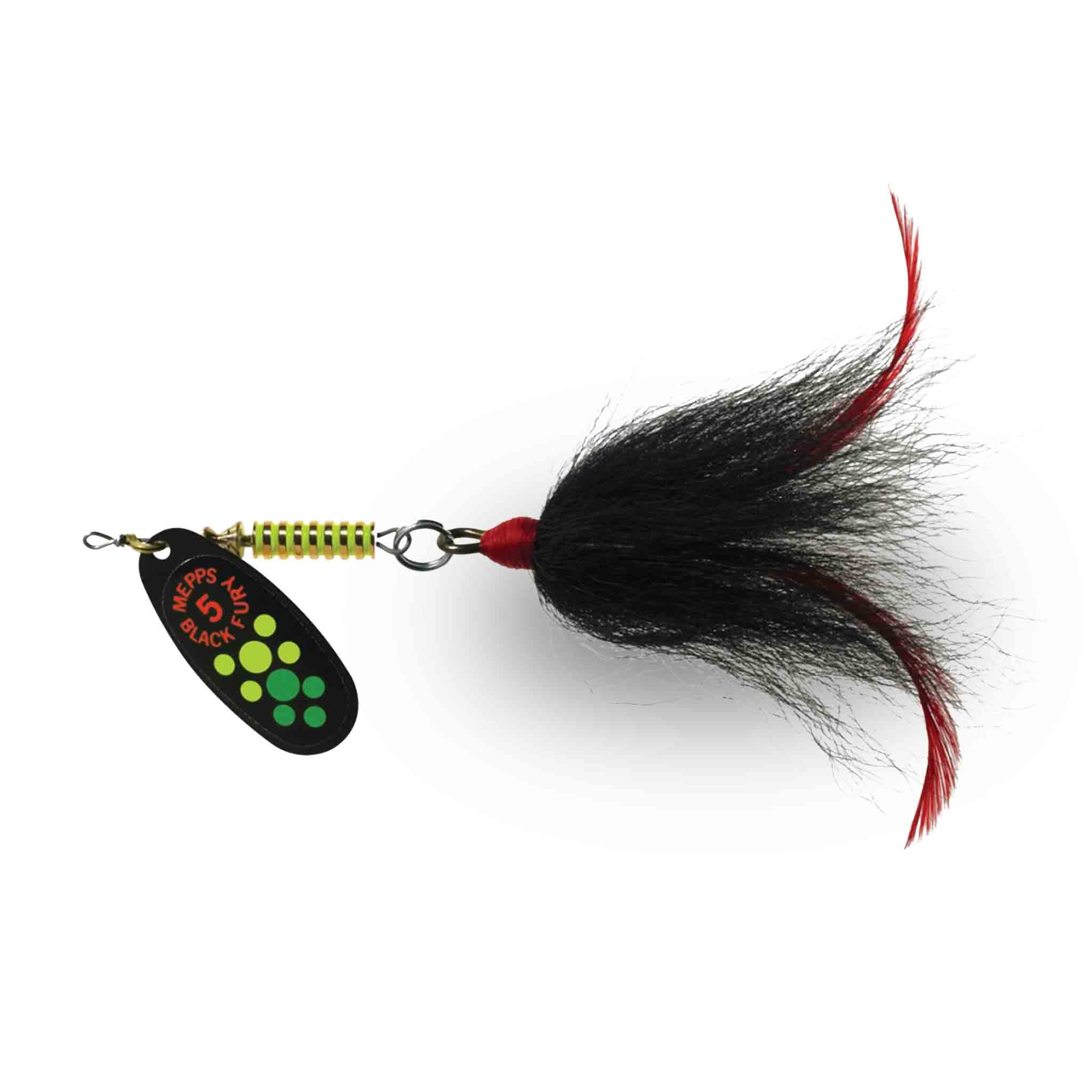 View of Bucktails Mepps Black Fury Musky Killer Bucktail Fire Tiger / Black Tail available at EZOKO Fishing