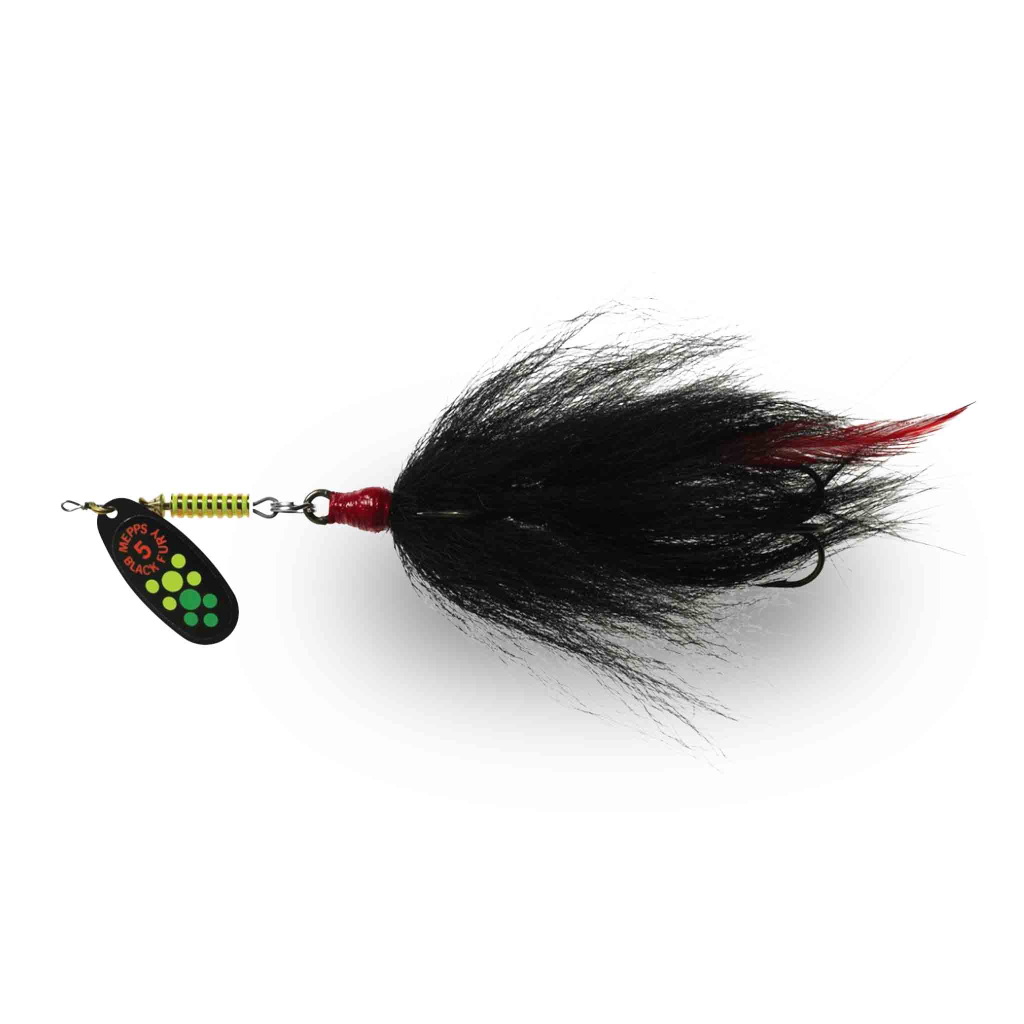 View of Bucktails Mepps Black Fury Musky Killer Tandem Bucktail Fire Tiger / Black Tail available at EZOKO Fishing