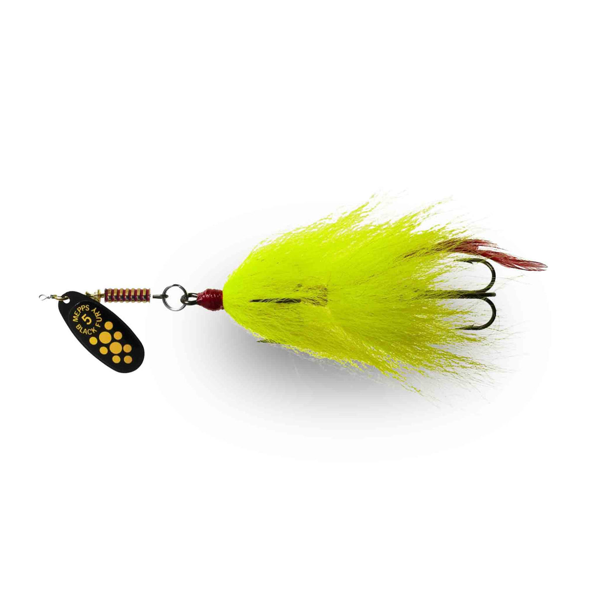 Mepps Black Fury Musky Killer Tandem Black / Yellow Dots / Yellow Tail Bucktails