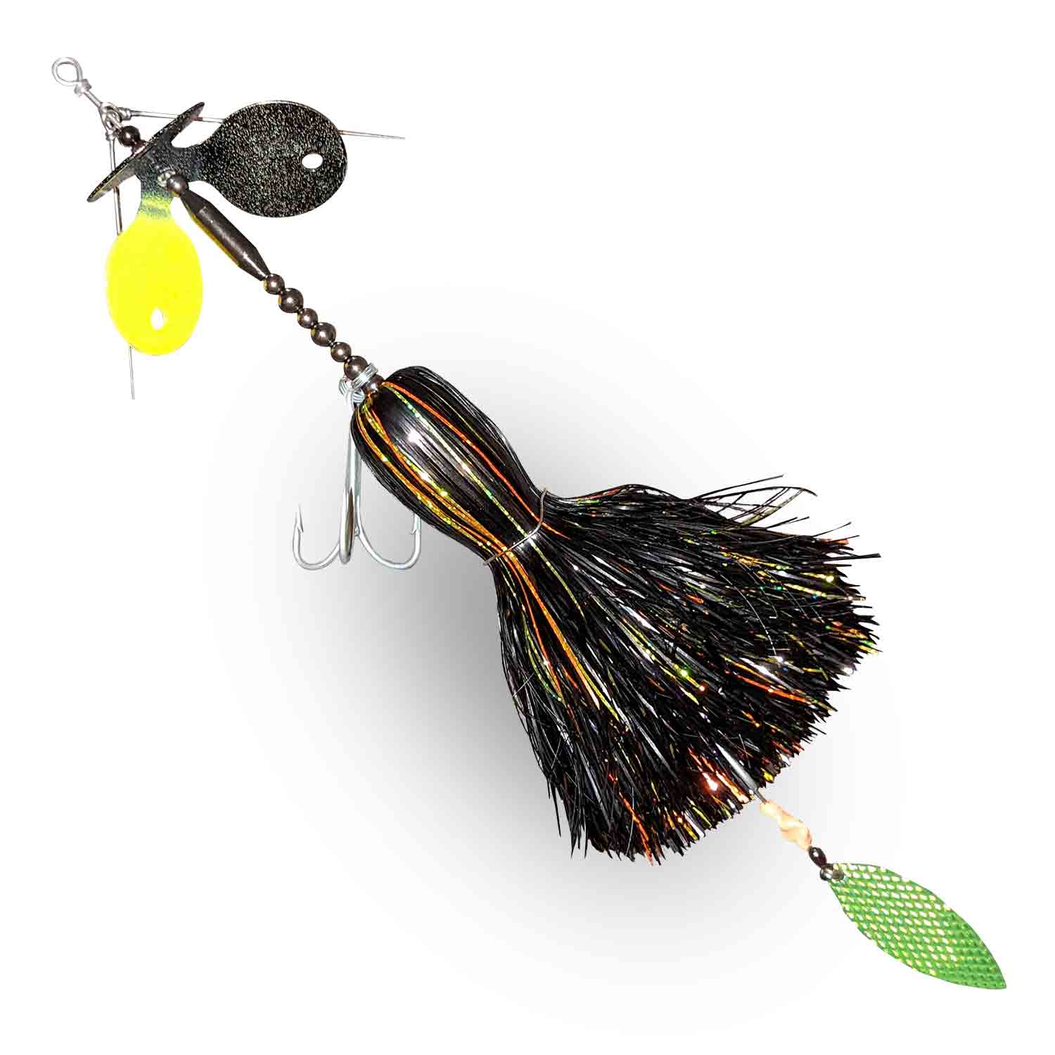 View of Bucktails Muskie Munchies Big Triple Slurp Bucktail Lemon Sour w/ Tickers w/ Flicker available at EZOKO Fishing
