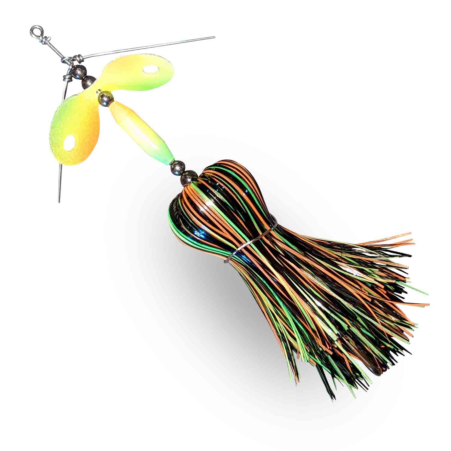 View of Bucktails Muskie Munchies Mini Double Slurp Bucktail Glow Firetiger w/ Tickers w/o Flicker available at EZOKO Fishing