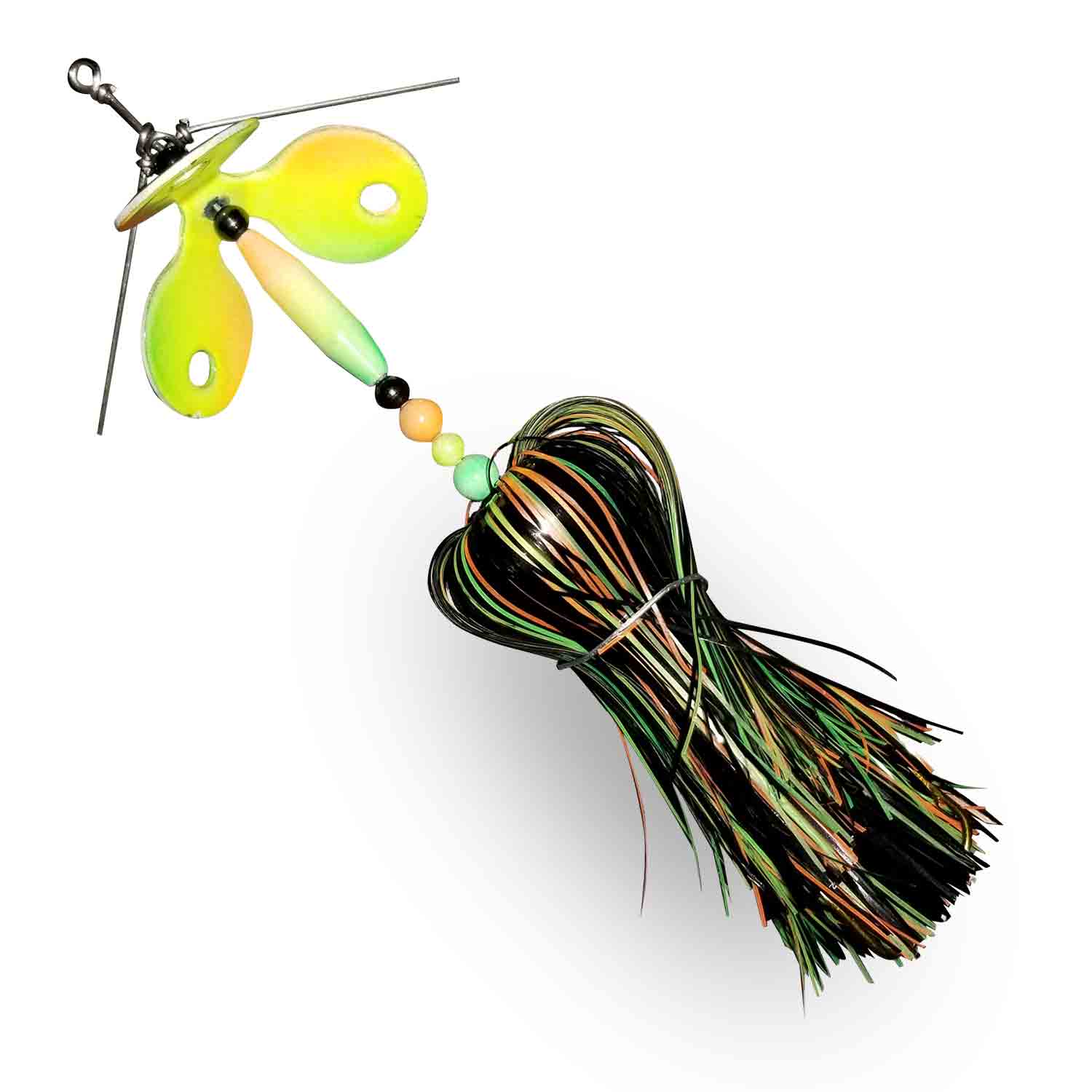 View of Bucktails Muskie Munchies Mini Triple Slurp Bucktail Glow Firetiger w/ Tickers w/o Flicker available at EZOKO Fishing