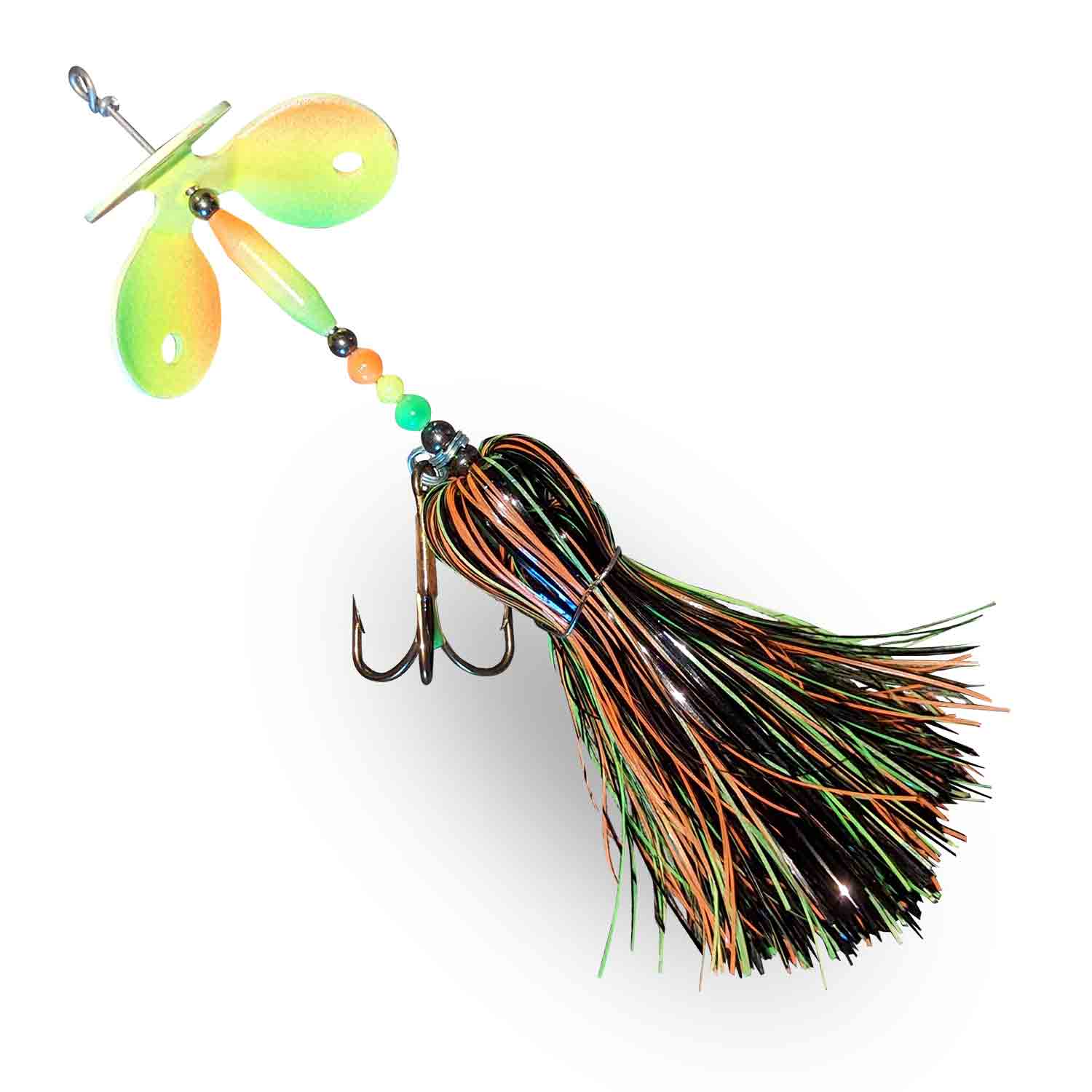 View of Bucktails Muskie Munchies Standard Triple Slurp Bucktail Glow Firetiger w/o Ticker w/o Flicker available at EZOKO Fishing