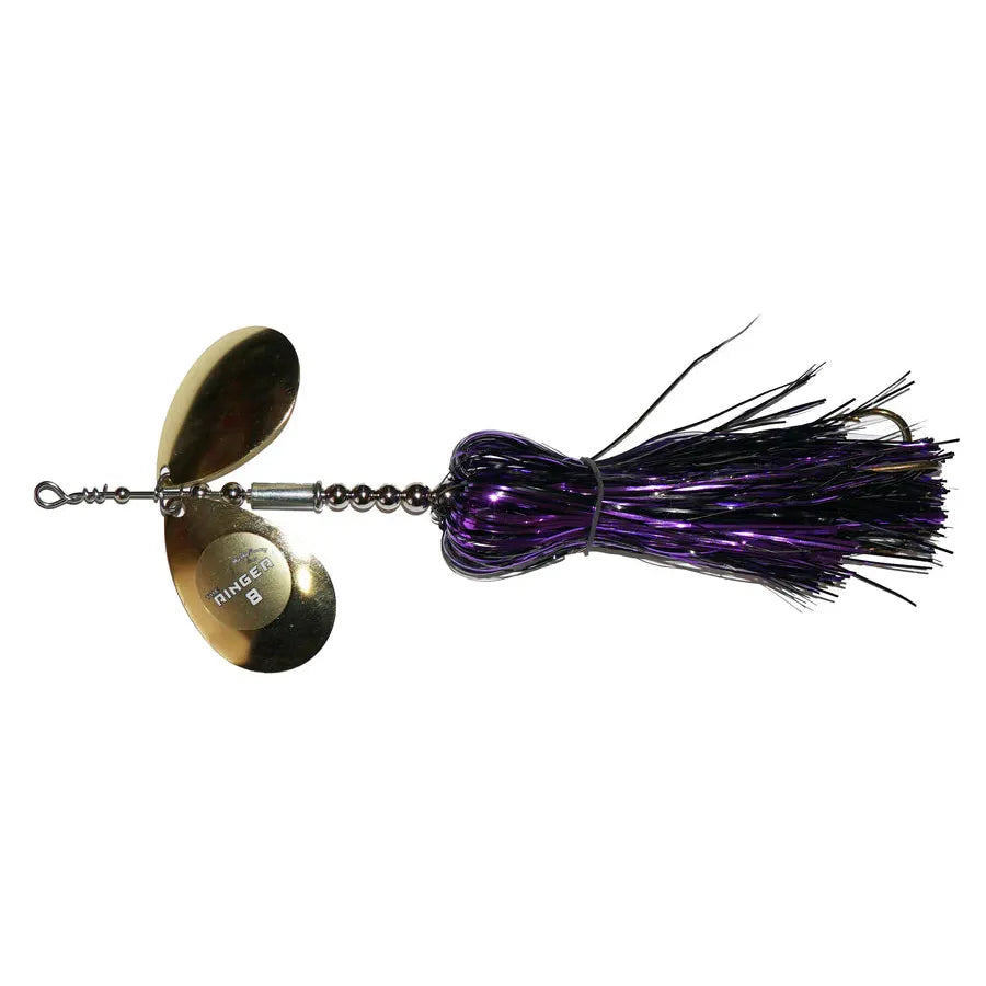 View of Bucktails Musky Frenzy Ringer 8 Black Purple/Gold available at EZOKO Fishing