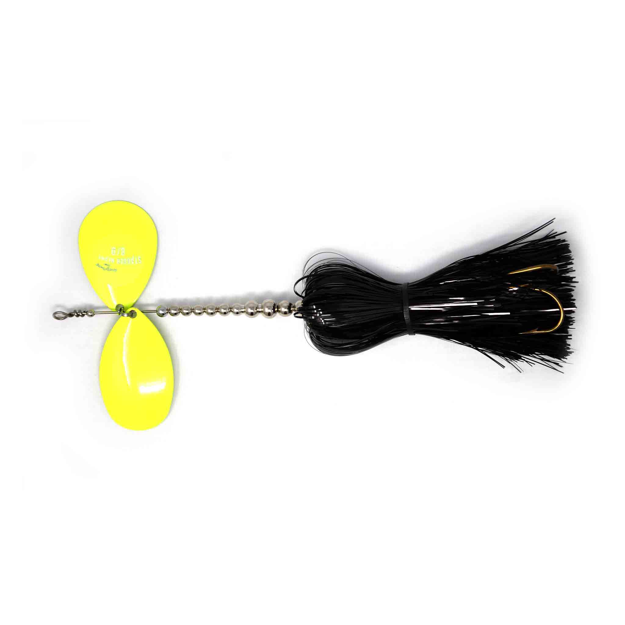 View of Bucktails Musky Frenzy Stagger 8/9 Bucktail Black/Chartreuse available at EZOKO Pike and Musky Shop