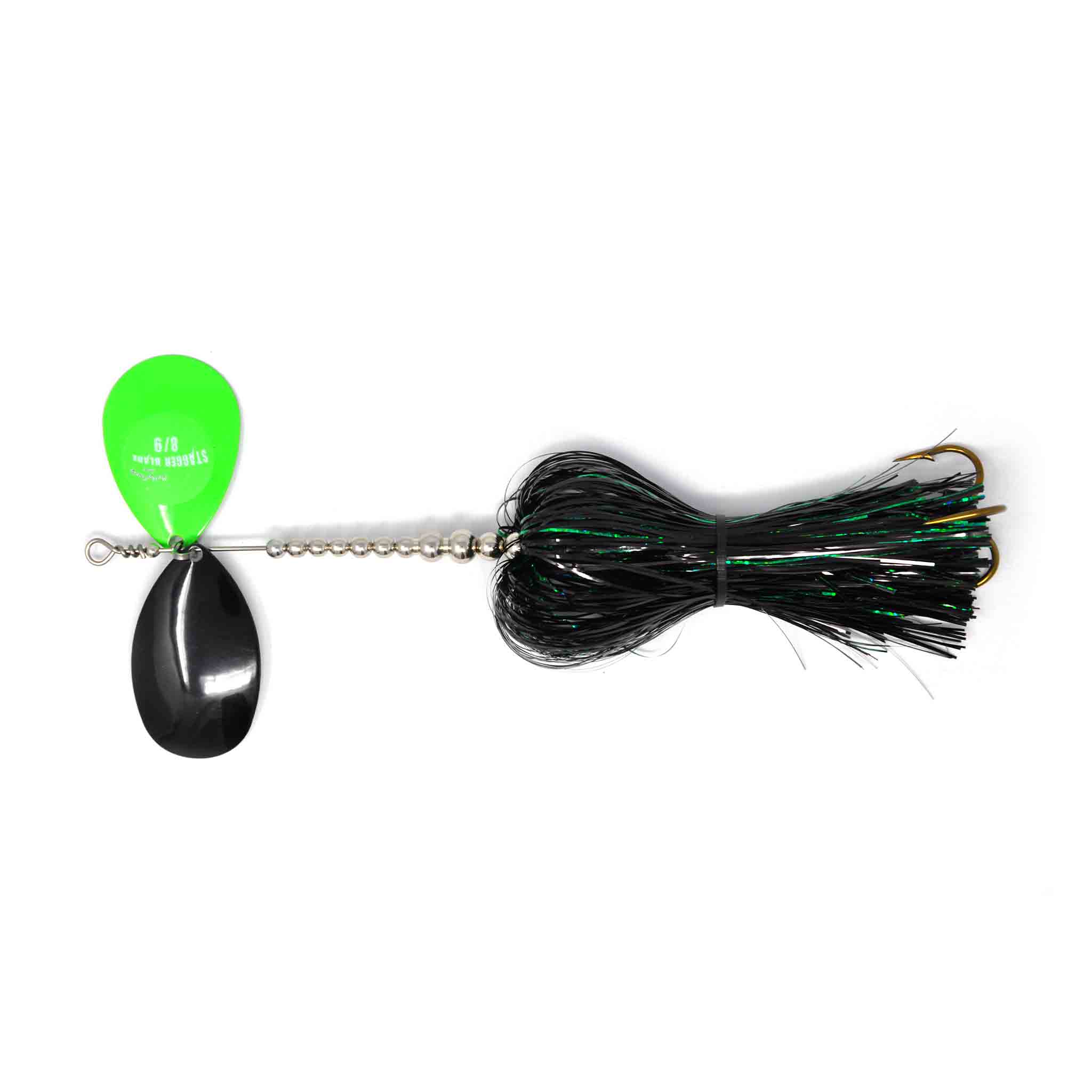 View of Bucktails Musky Frenzy Stagger 8/9 Bucktail Black/Green available at EZOKO Pike and Musky Shop