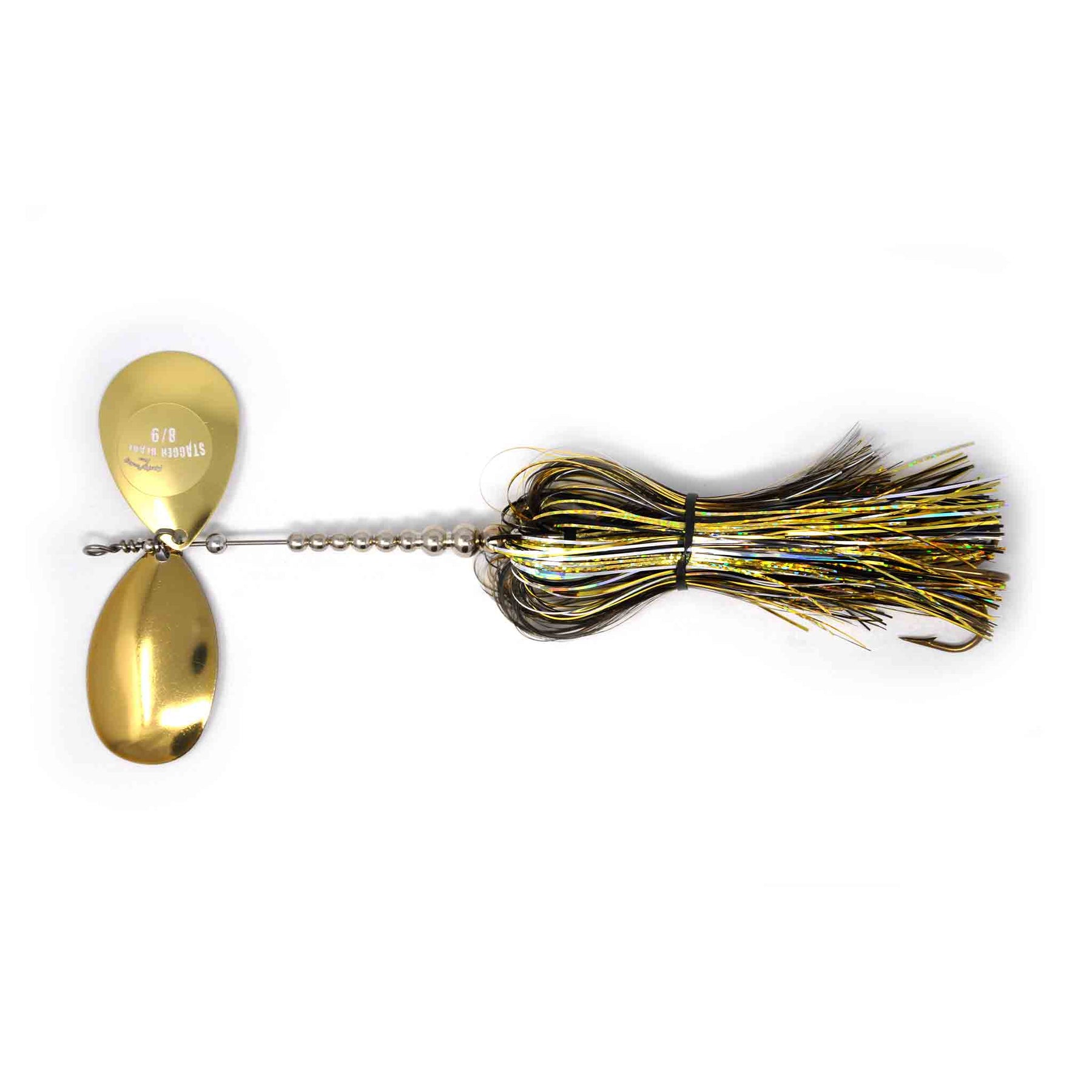 View of Bucktails Musky Frenzy Stagger 8/9 Bucktail Gold Shiner available at EZOKO Pike and Musky Shop