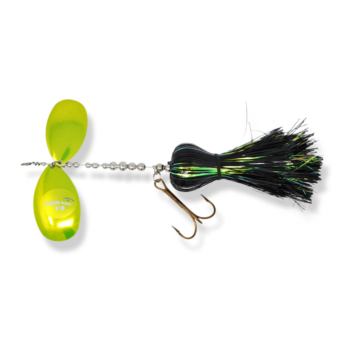 View of Bucktails Musky Frenzy Stagger 9/10 Bucktail IR Chartreuse available at EZOKO Pike and Musky Shop