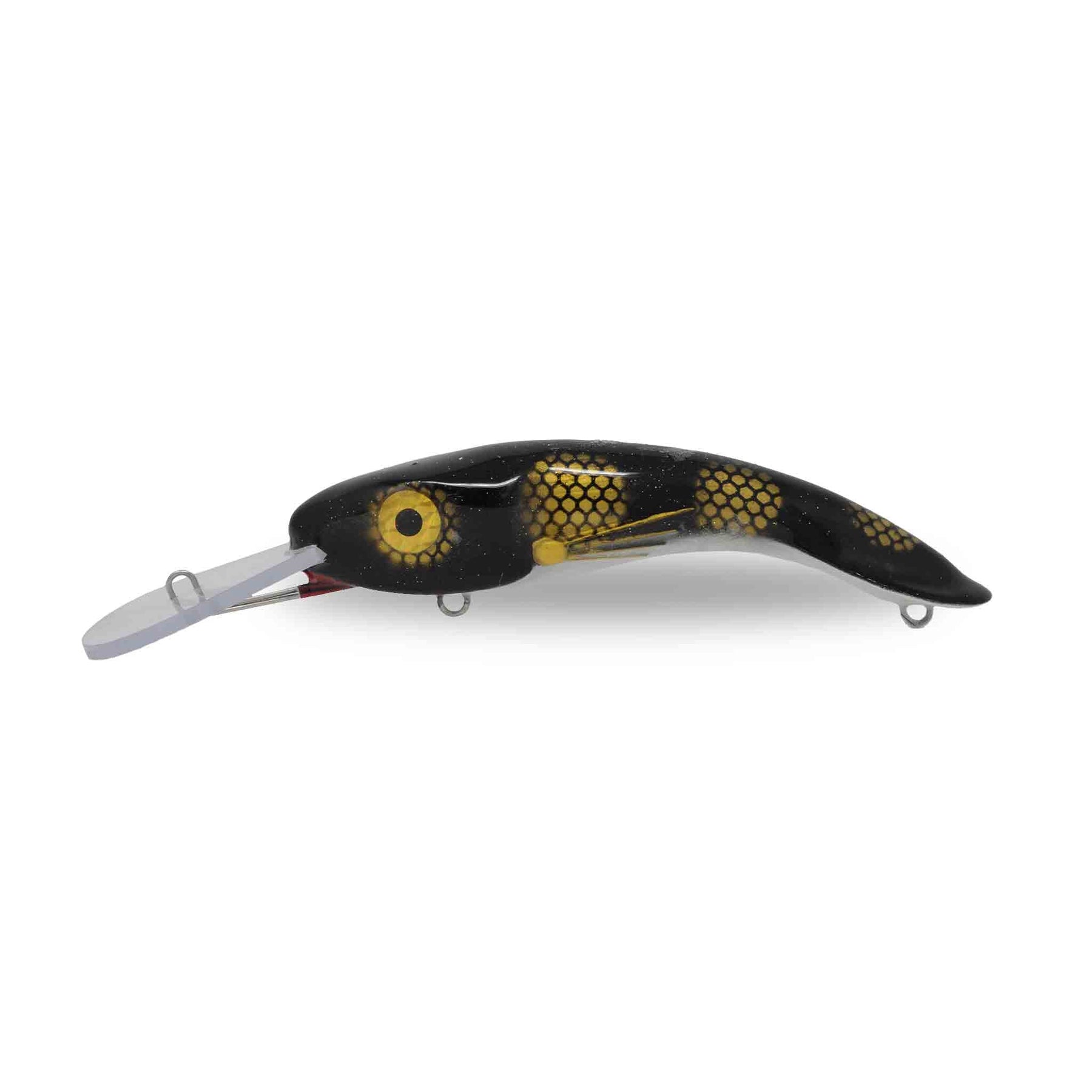 View of Crankbaits One Shot Tackle Perchosaurus 7" Crankbait Black Perch White Belly available at EZOKO Pike and Musky Shop