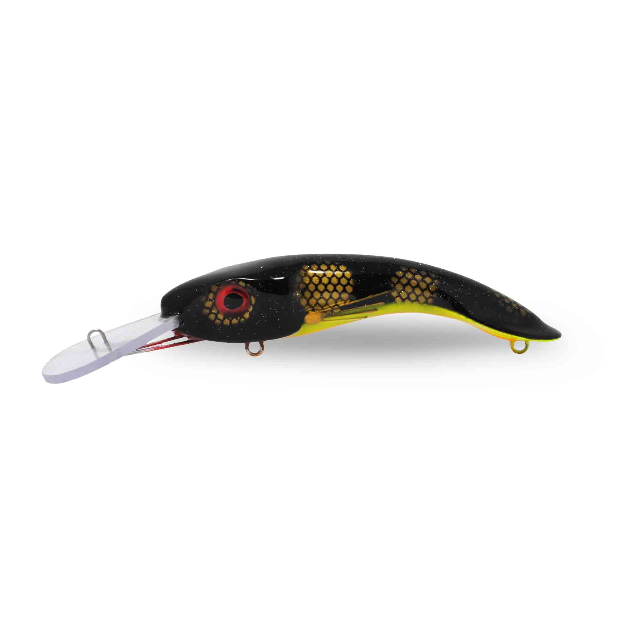 View of Crankbaits One Shot Tackle Perchosaurus 7" Crankbait Black Perch Yellow Belly available at EZOKO Fishing
