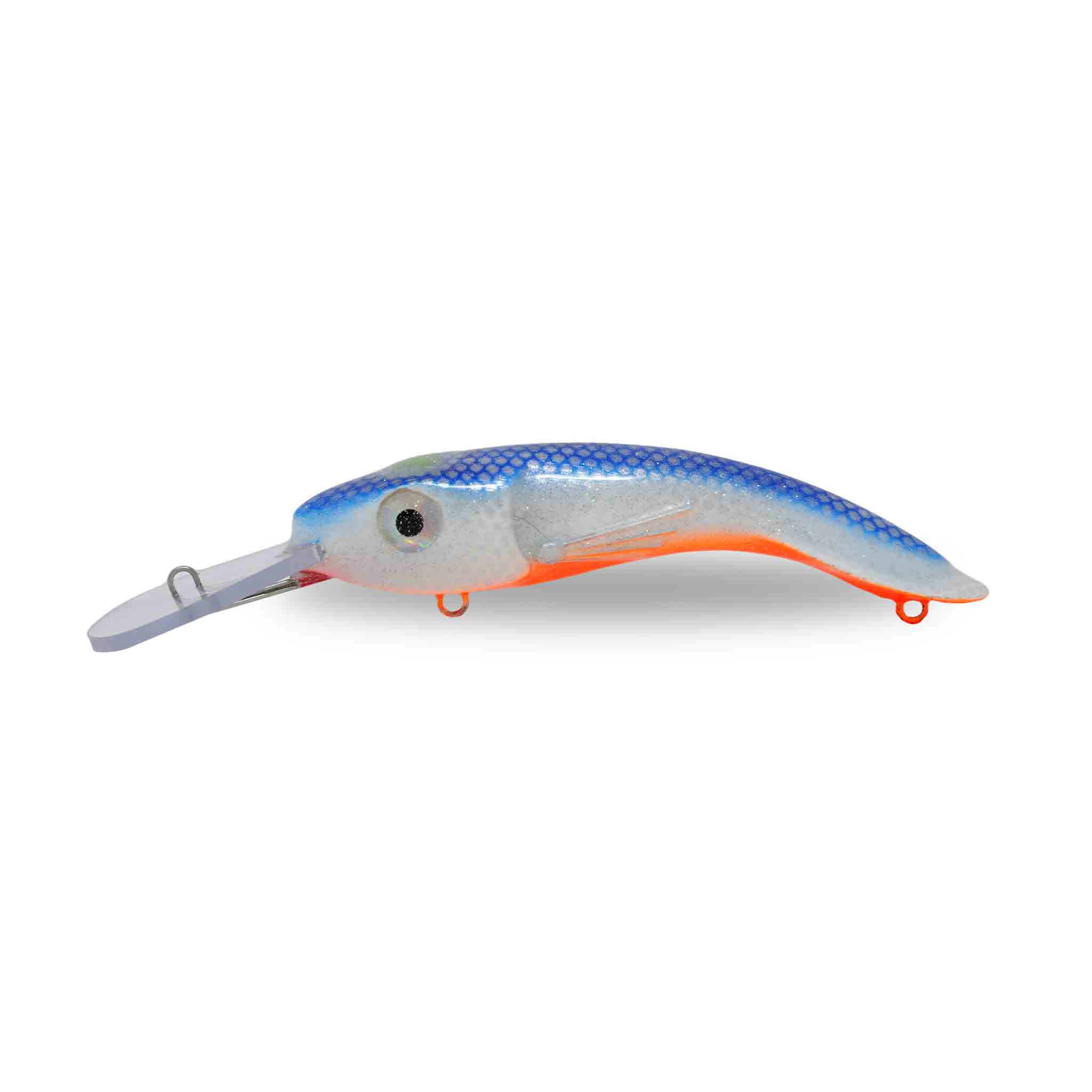 View of Crankbaits One Shot Tackle Perchosaurus 7" Crankbait Blue Shad Orange Belly available at EZOKO Fishing
