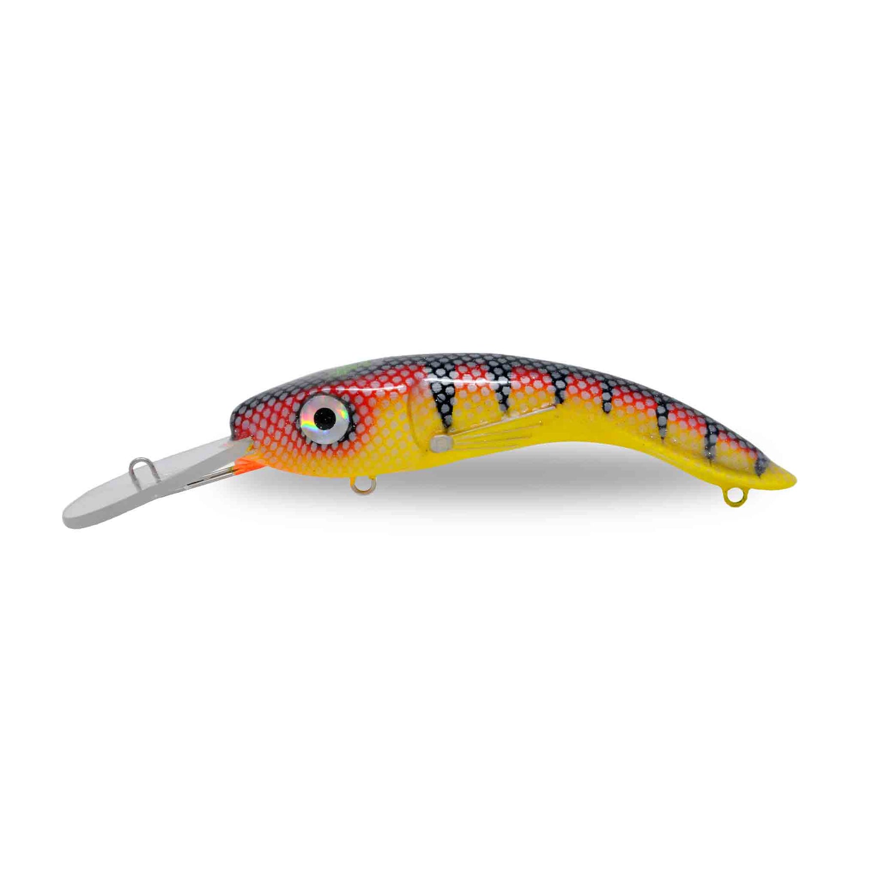 View of Crankbaits One Shot Tackle Perchosaurus 7" Crankbait Red Perch Yellow Belly available at EZOKO Pike and Musky Shop