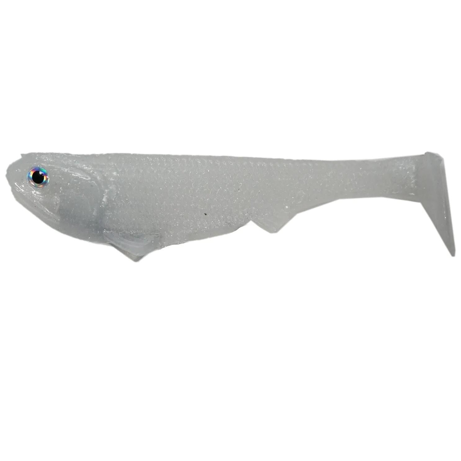 View of Softbaits Optimum Boom Boom Line Thru Swimbait 5" Pearl White available at EZOKO Fishing