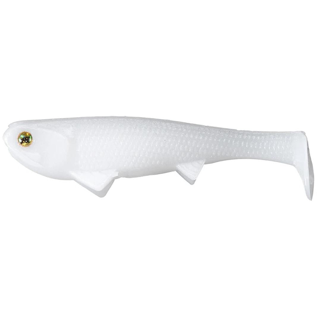 View of Softbaits Optimum Boom Boom Weedless Swimbait 4.5" Pearl White available at EZOKO Fishing