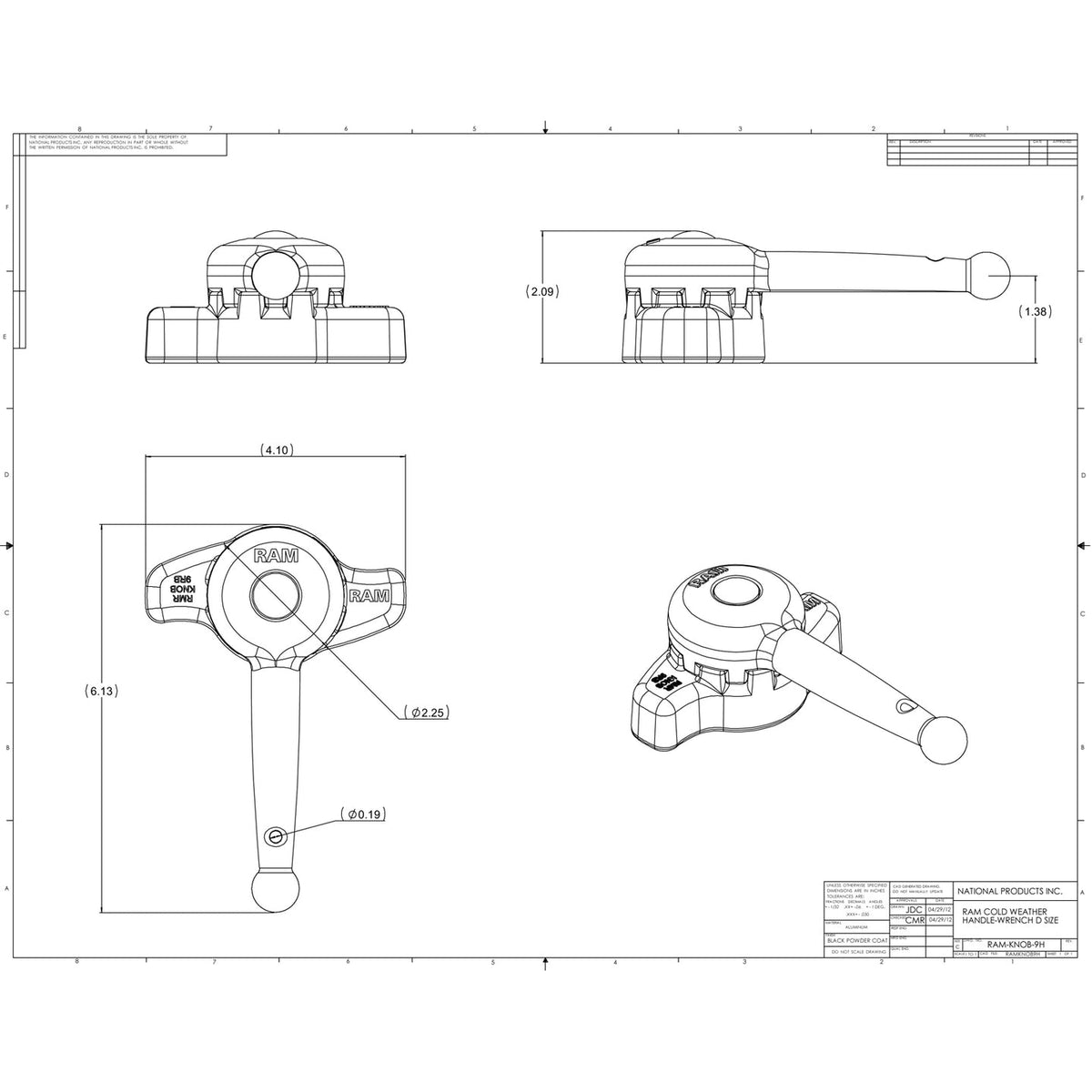 Engineering drawing of the RAM Hi-Torq Wrench for D size socket arms with all the exact dimensions of the product