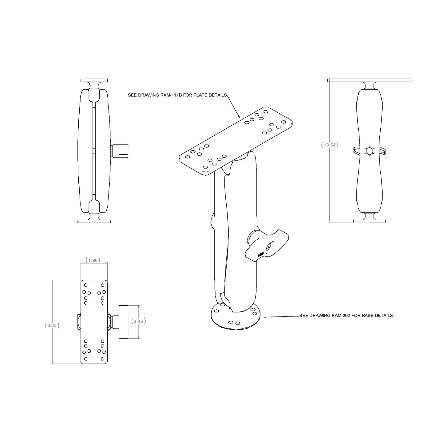 drawing of RAM Universal Marine Electronic Mount - C Size Long showing the exact dimensions