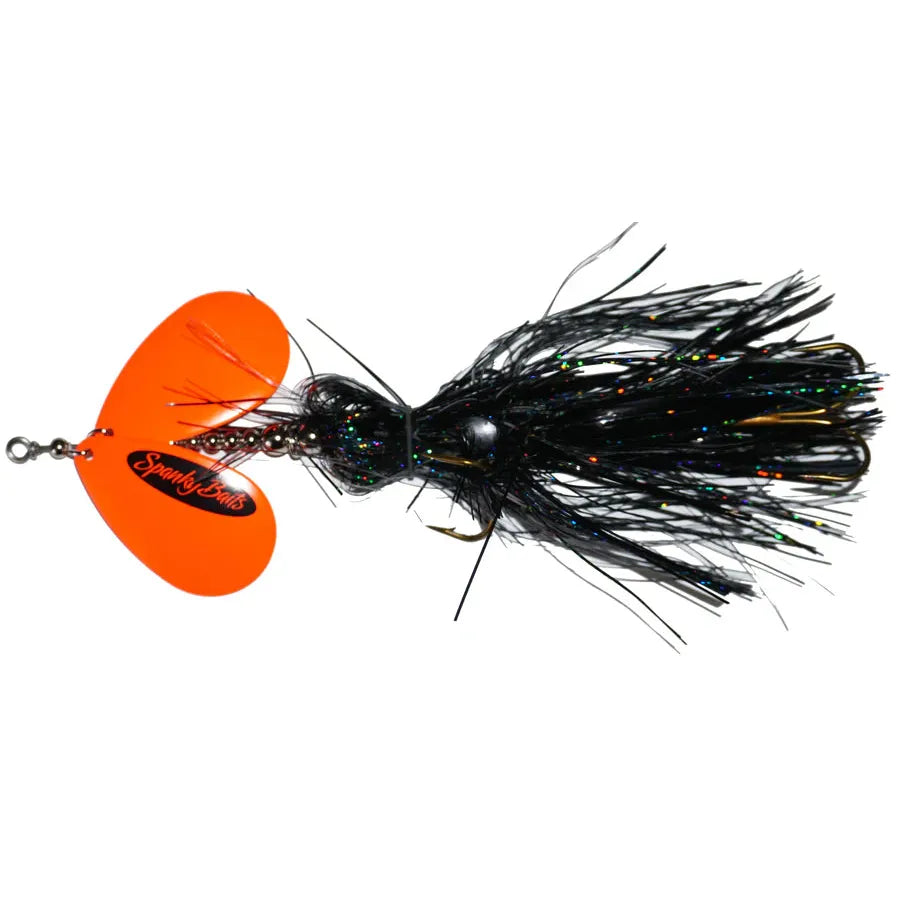 View of Bucktails Spanky Baits 99 Bucktail Black / Orange Blades available at EZOKO Fishing