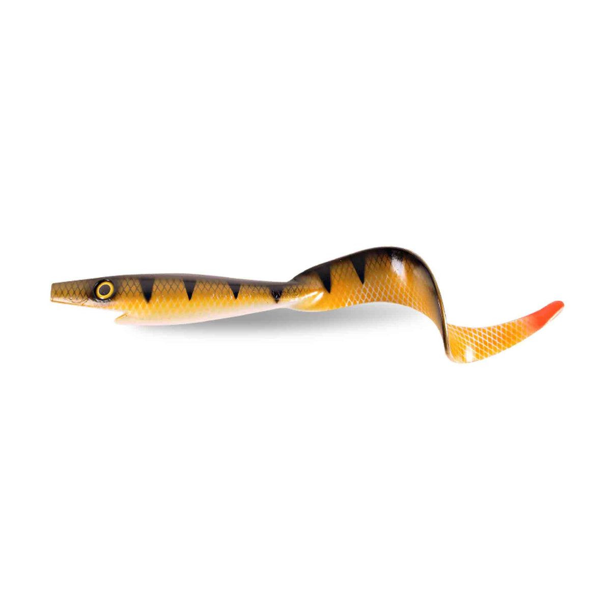 View of Swimbaits Strike Pro Giant Pig Tail Swimbait Natural Perch OB available at EZOKO Pike and Musky Shop