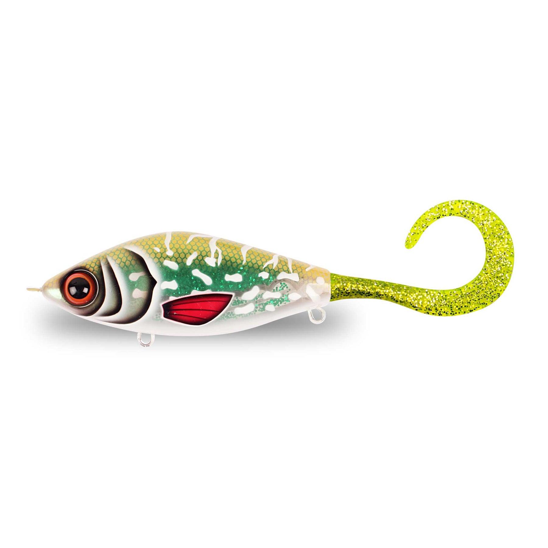 Strike Pro Guppie Glitter Pike / Green and Gold glitter Tail Jerk-Glide Baits