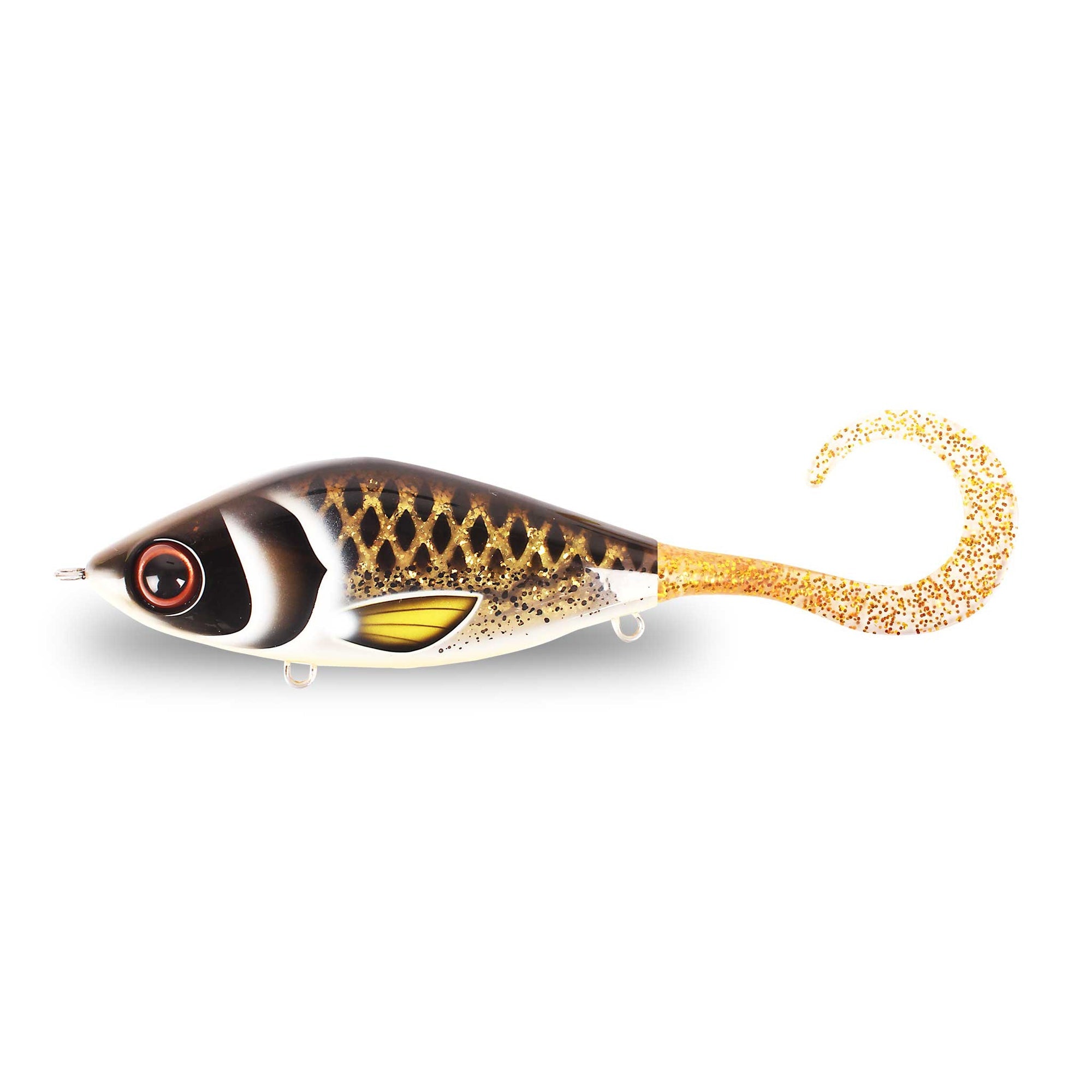View of Jerk-Glide_Baits Strike Pro Guppie Jr Shallow Glide Bait Spotted Bullhead / Gold Glitter Tail available at EZOKO Fishing