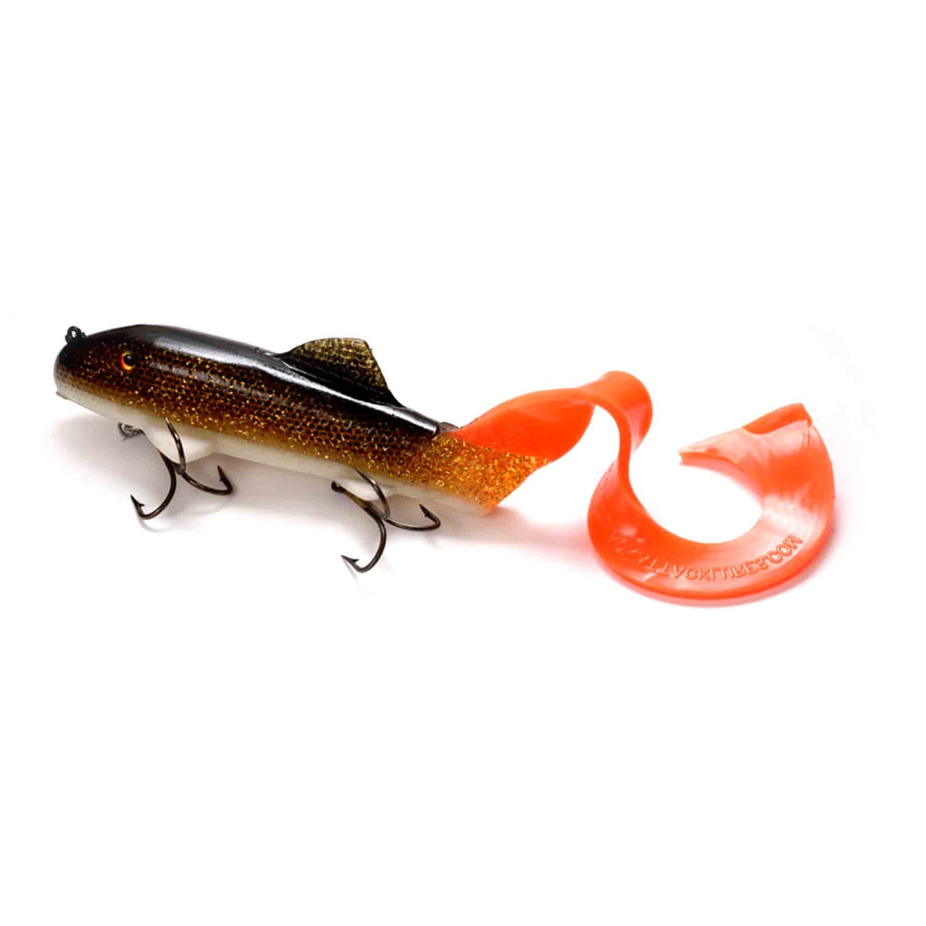 View of Rubber Suick Curly Sue 9" Hot Walleye available at EZOKO Pike and Musky Shop