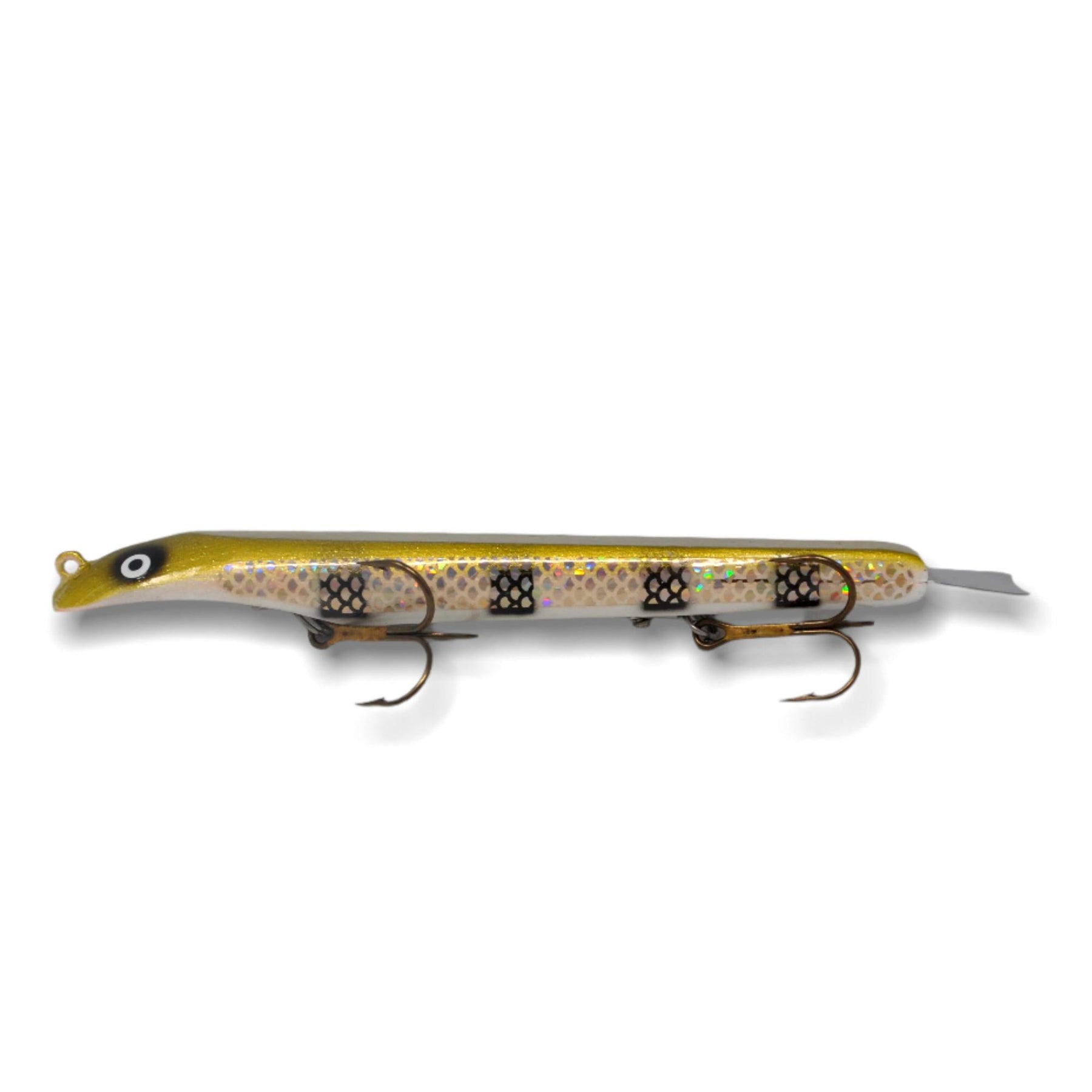 View of Dive_And_Rise Suick Non-Weighted Thriller 7" Dive And Rise Bait Holographic Perch available at EZOKO Pike and Musky Shop