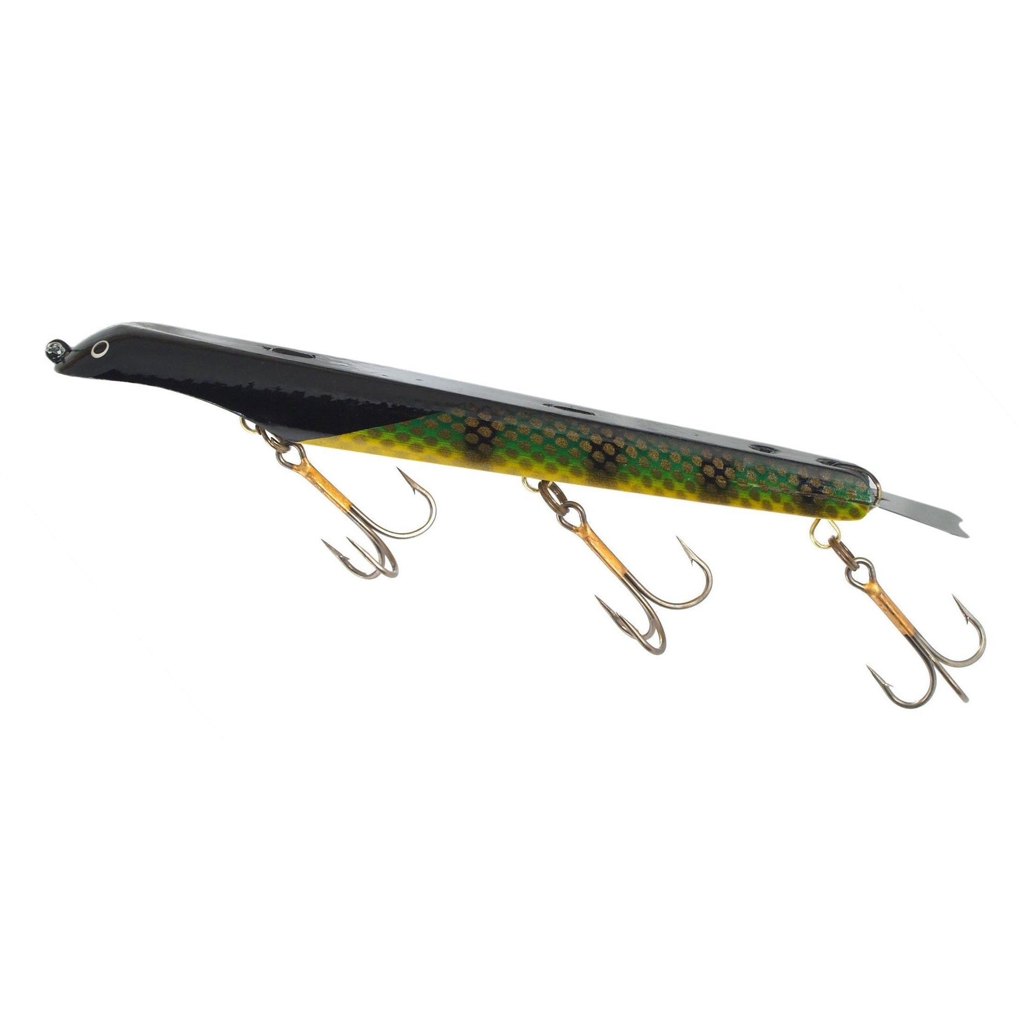 View of Dive_And_Rise Suick Weighted Magnum Thriller 12" Dive And Rise Bait Yellow Perch available at EZOKO Fishing