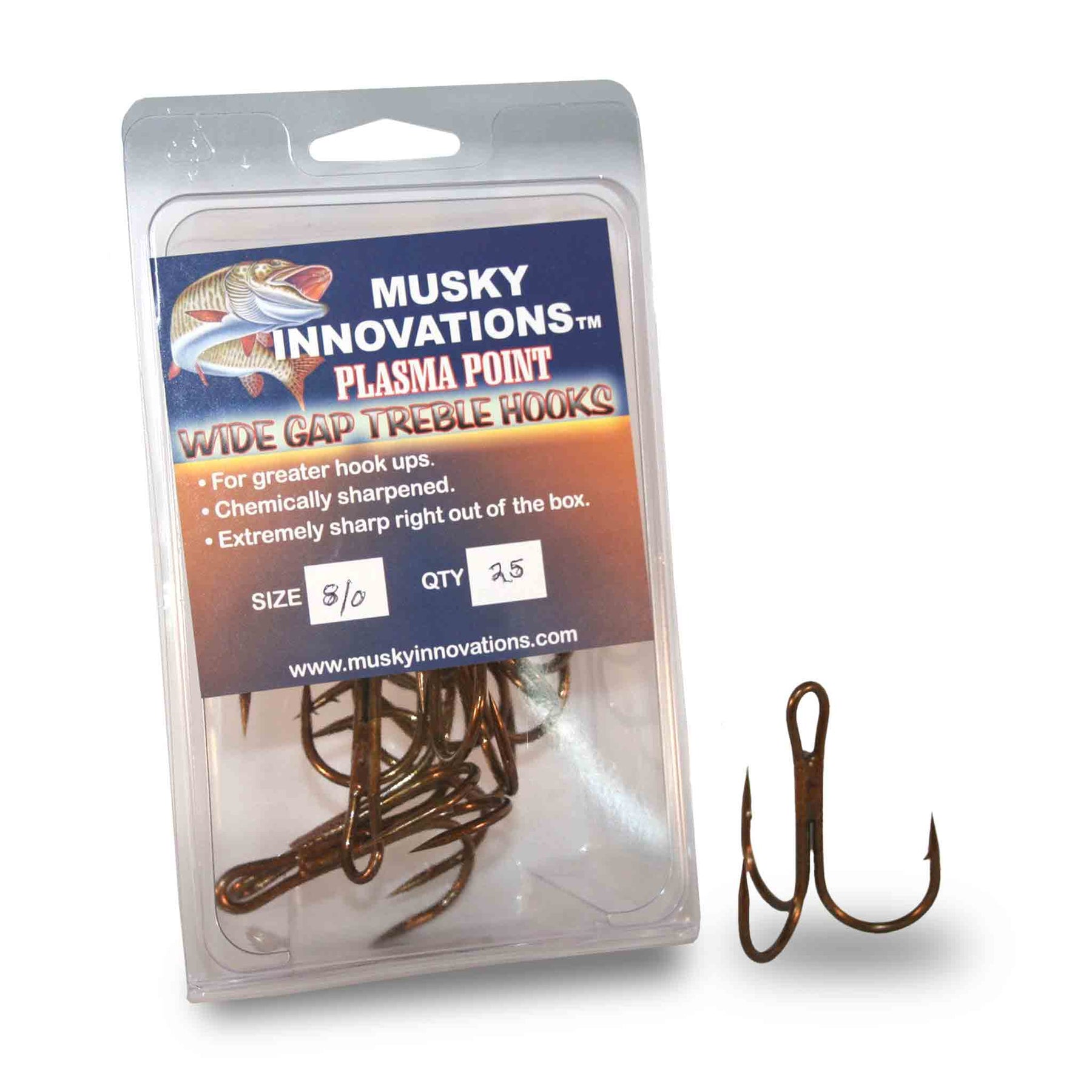 View of Hooks Musky Innovations Plasma Point Wide Gap Treble Hooks available at EZOKO Pike and Musky Shop