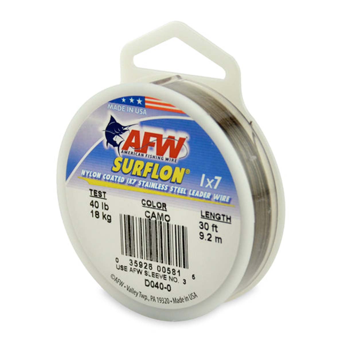 View of Fly_Leader_Materials AFW Surflon Nylon Coated 1x7 Wire Leader 40lb X 30ft Camo available at EZOKO Pike and Musky Shop