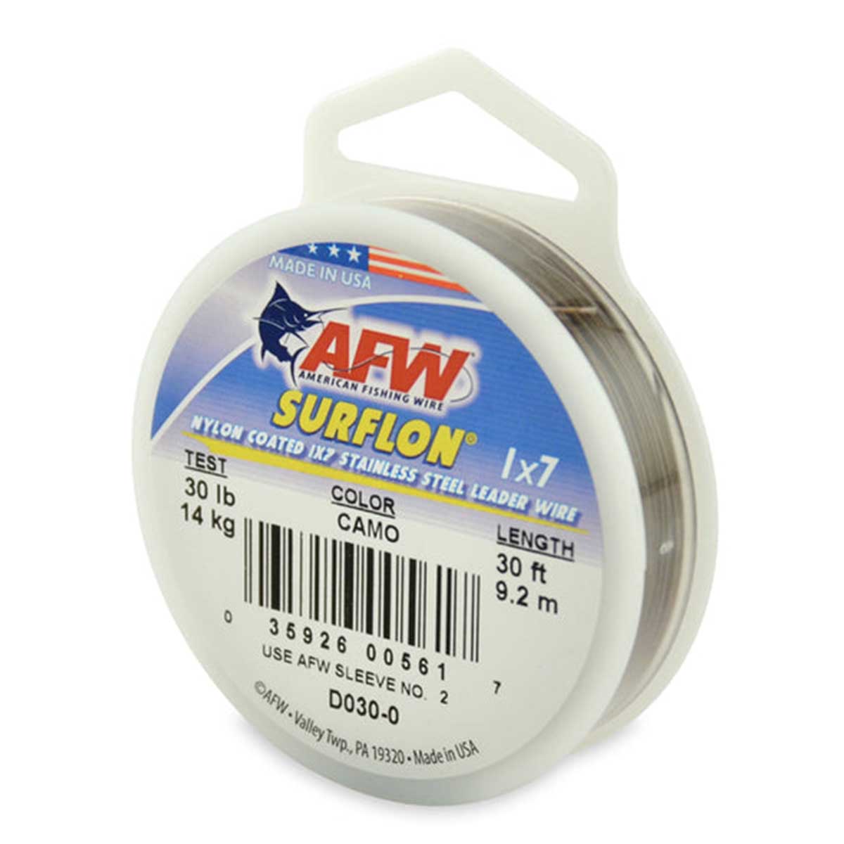 View of Fly_Leader_Materials AFW Surflon Nylon Coated 1x7 Wire Leader 30lb X 30ft Camo available at EZOKO Pike and Musky Shop